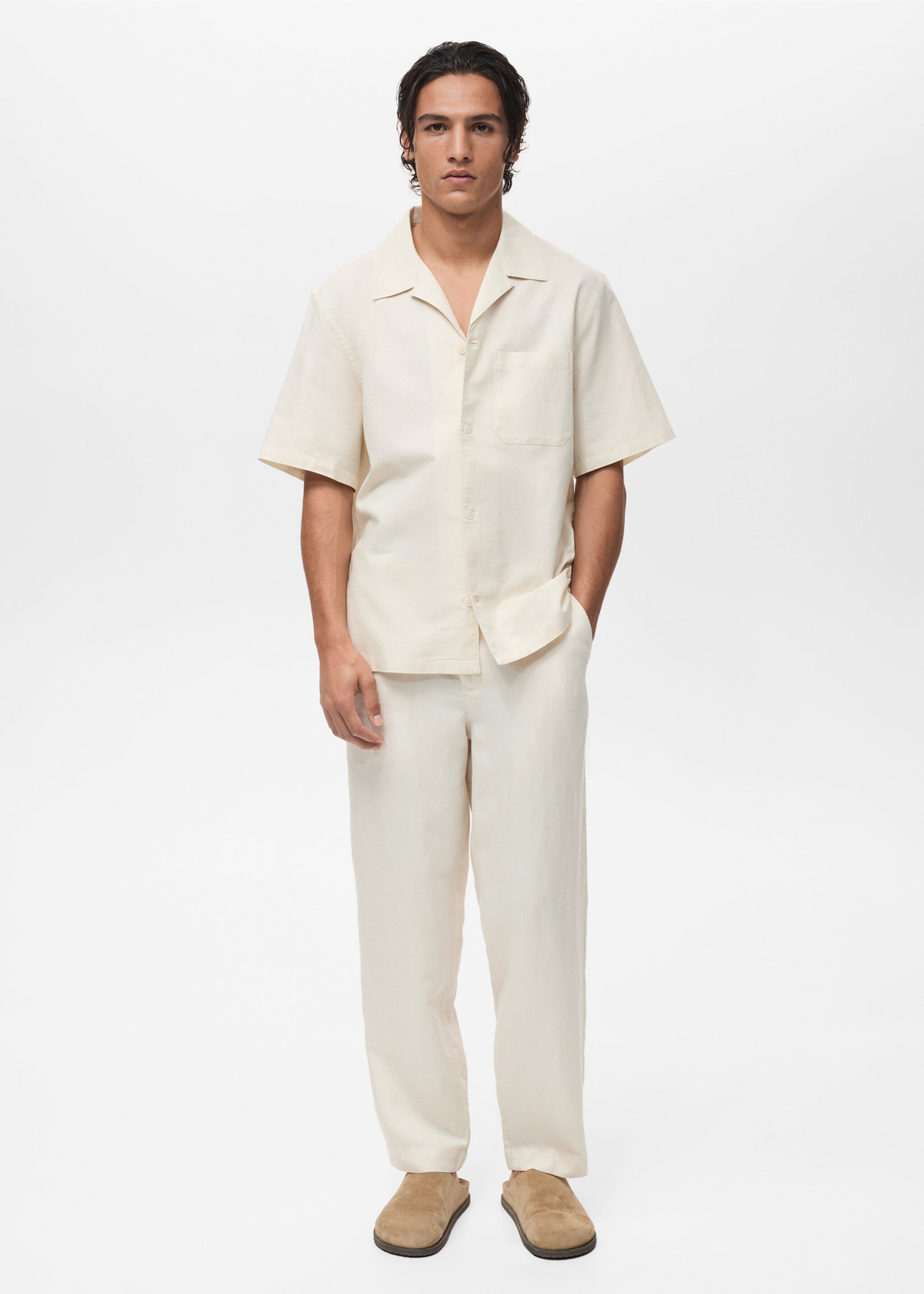 Bermudashorts aus Baumwolle mit Leinen - Detail des Artikels 9, Elfenbeinweiß. Ref: 87089204-00.