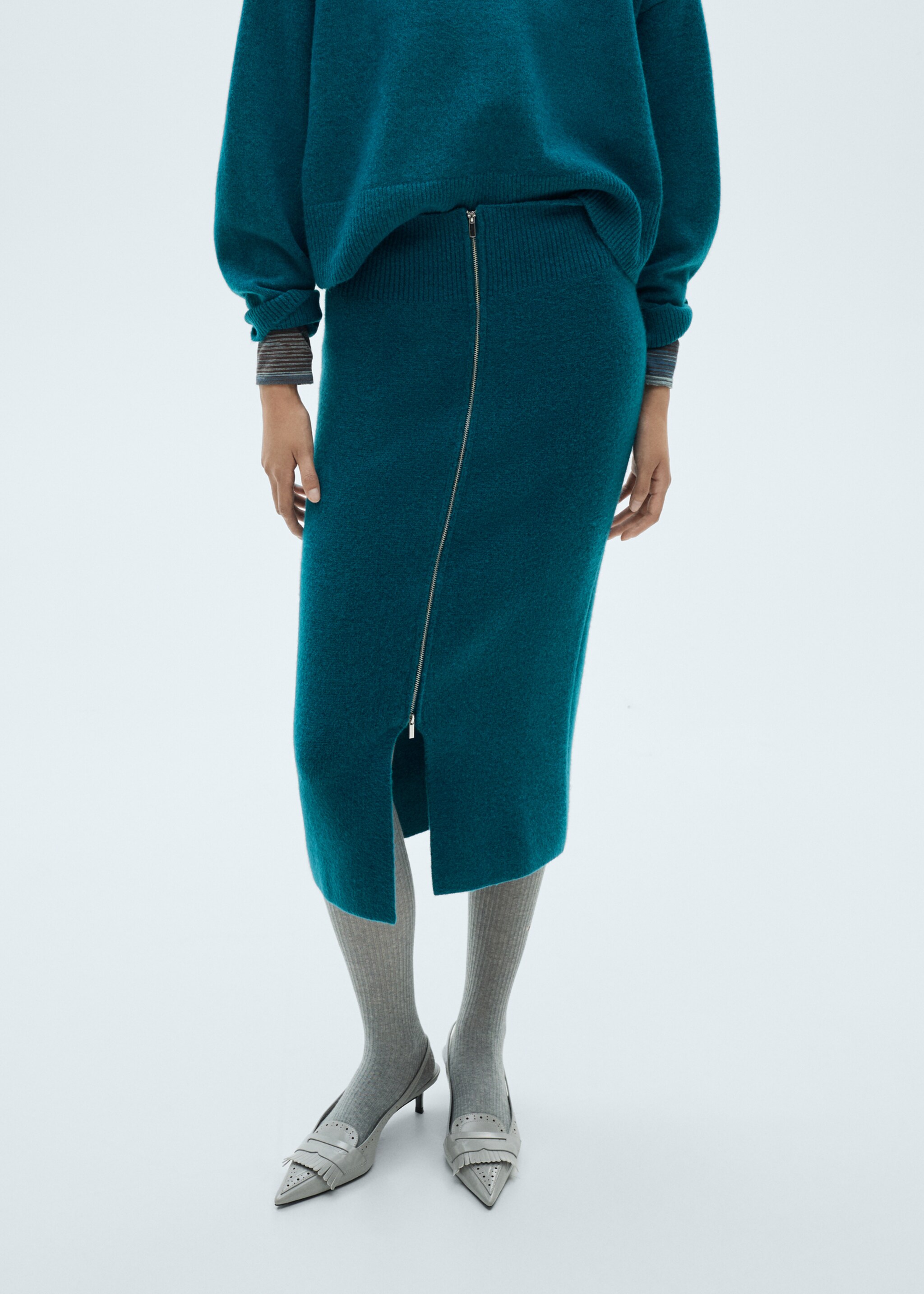 Jupe midi maille fermeture Éclair - Plan moyen, Vert. Ref: 87090435-00.