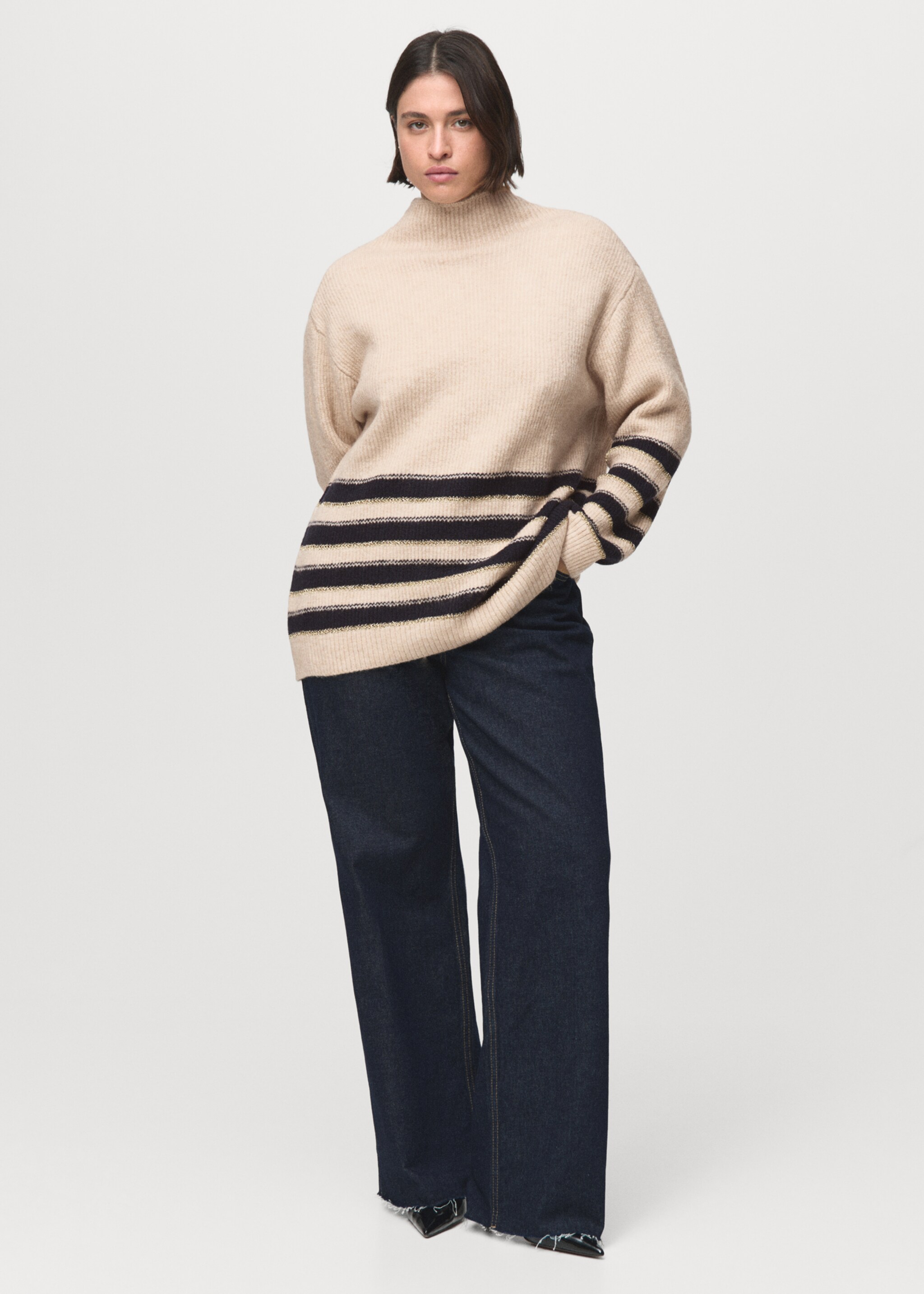 Striped sweater with perkins neck - Details of the article 3, Ecru. Ref: 87090450-00.