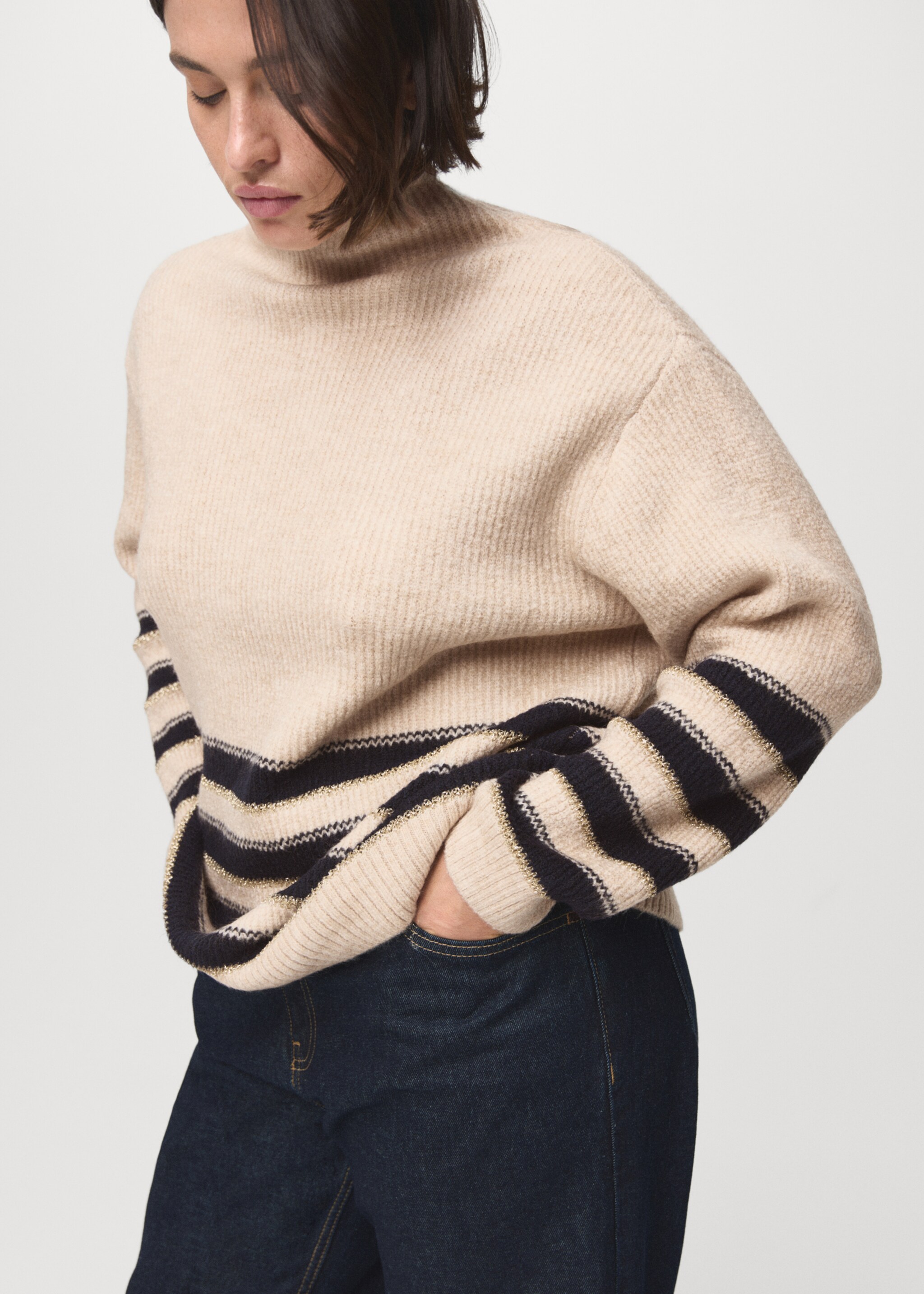 Striped sweater with perkins neck - Details of the article 5, Ecru. Ref: 87090450-00.