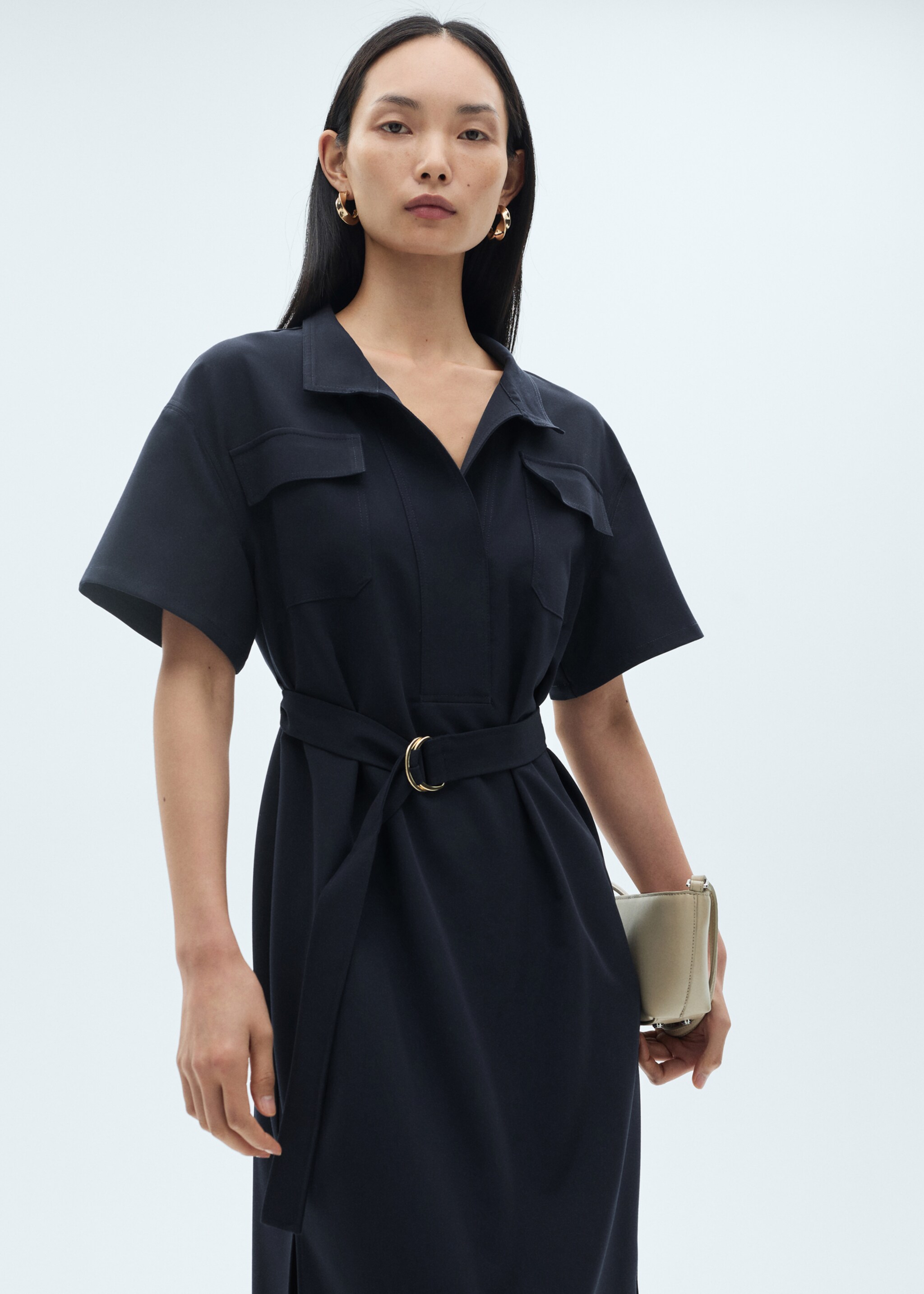 Short-sleeved dress with belt - Medium plane, Blue. Ref: 87090595-00.