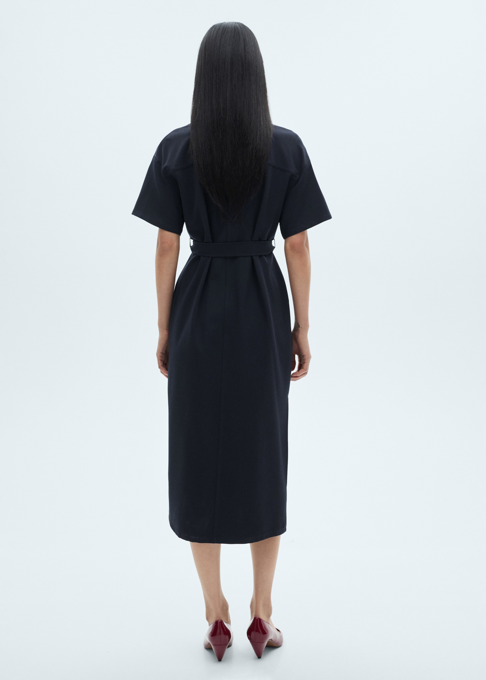 Short-sleeved dress with belt - Reverse of the article, Blue. Ref: 87090595-00.