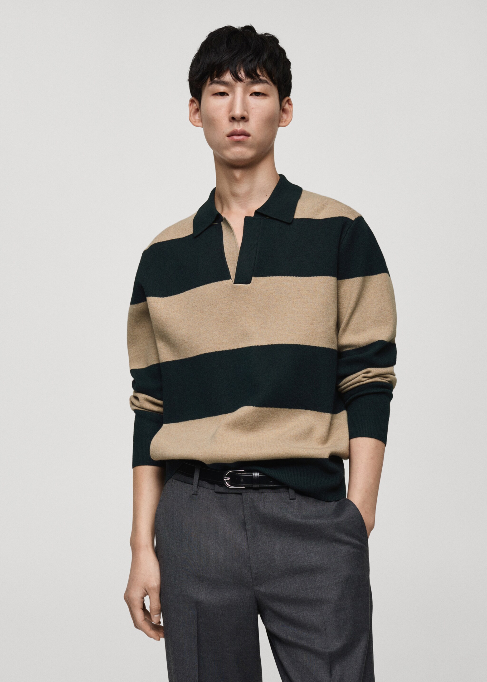 Striped design polo sweater - Medium plane, Dark Green. Ref: 87090598-00.