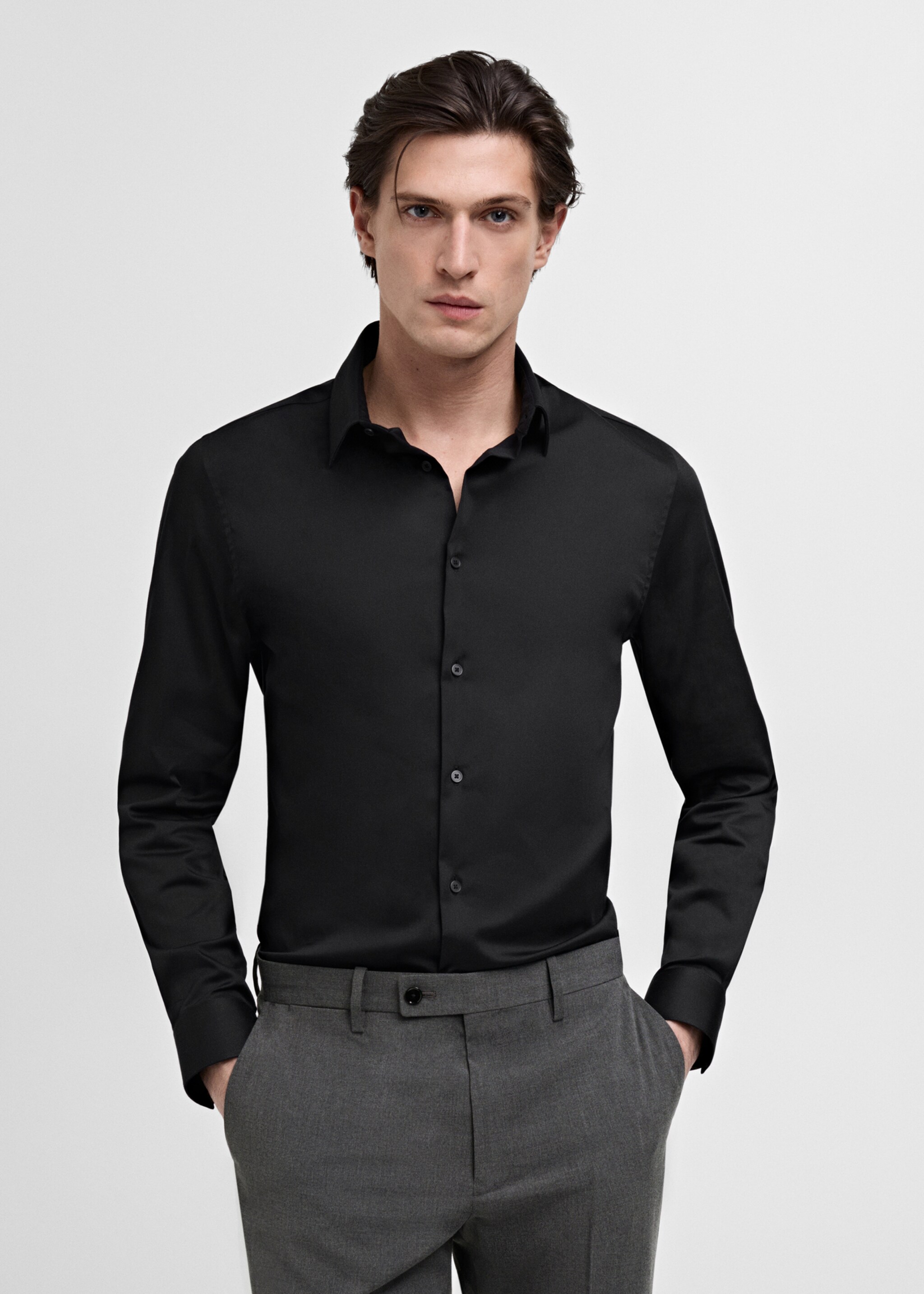 Slim fit cotton suit shirt - Medium plane, Black. Ref: 87090600-00.