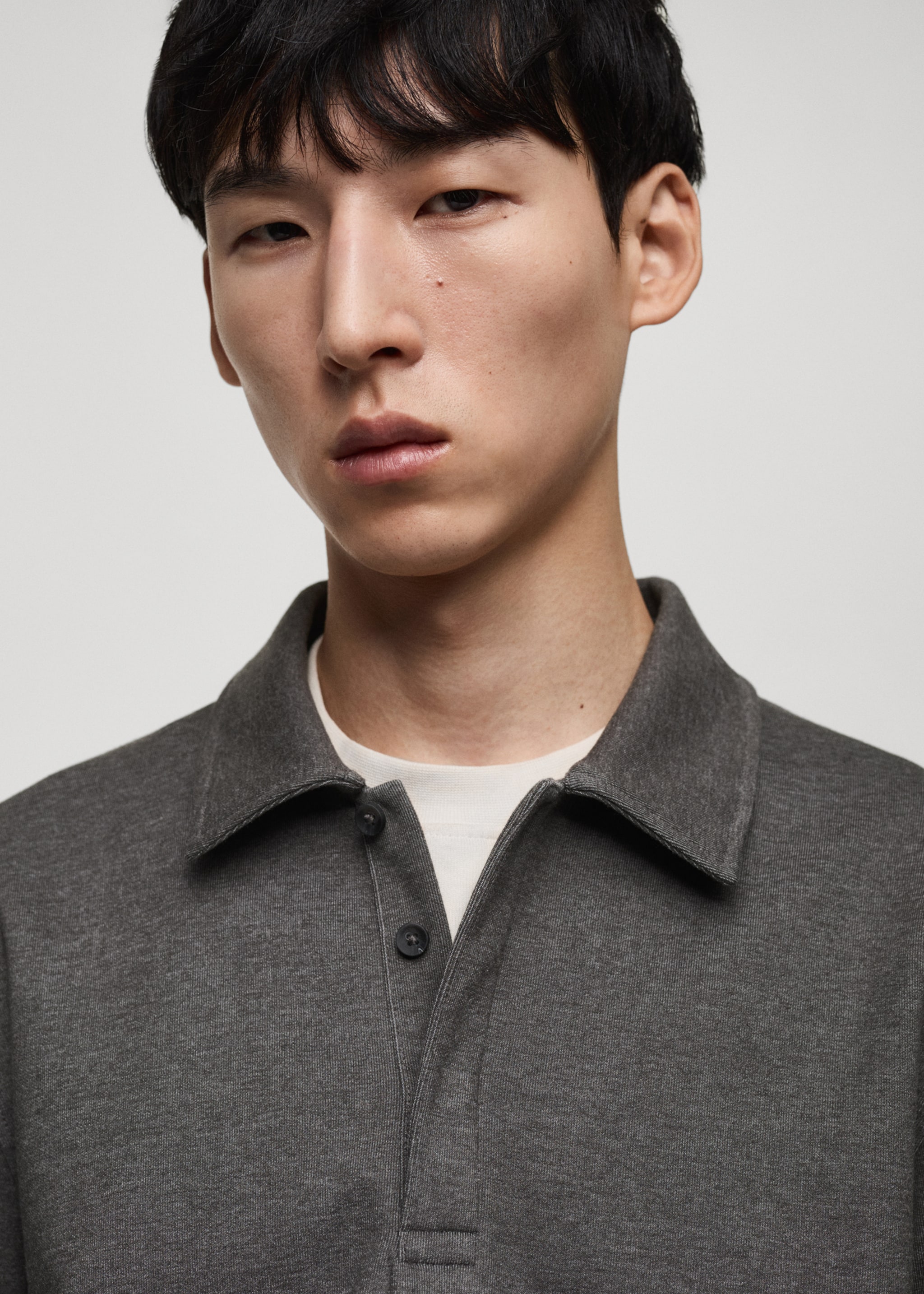 Polo sweatshirt with embroidery detail - Details of the article 1, Medium Heather Grey. Ref: 87090614-00.