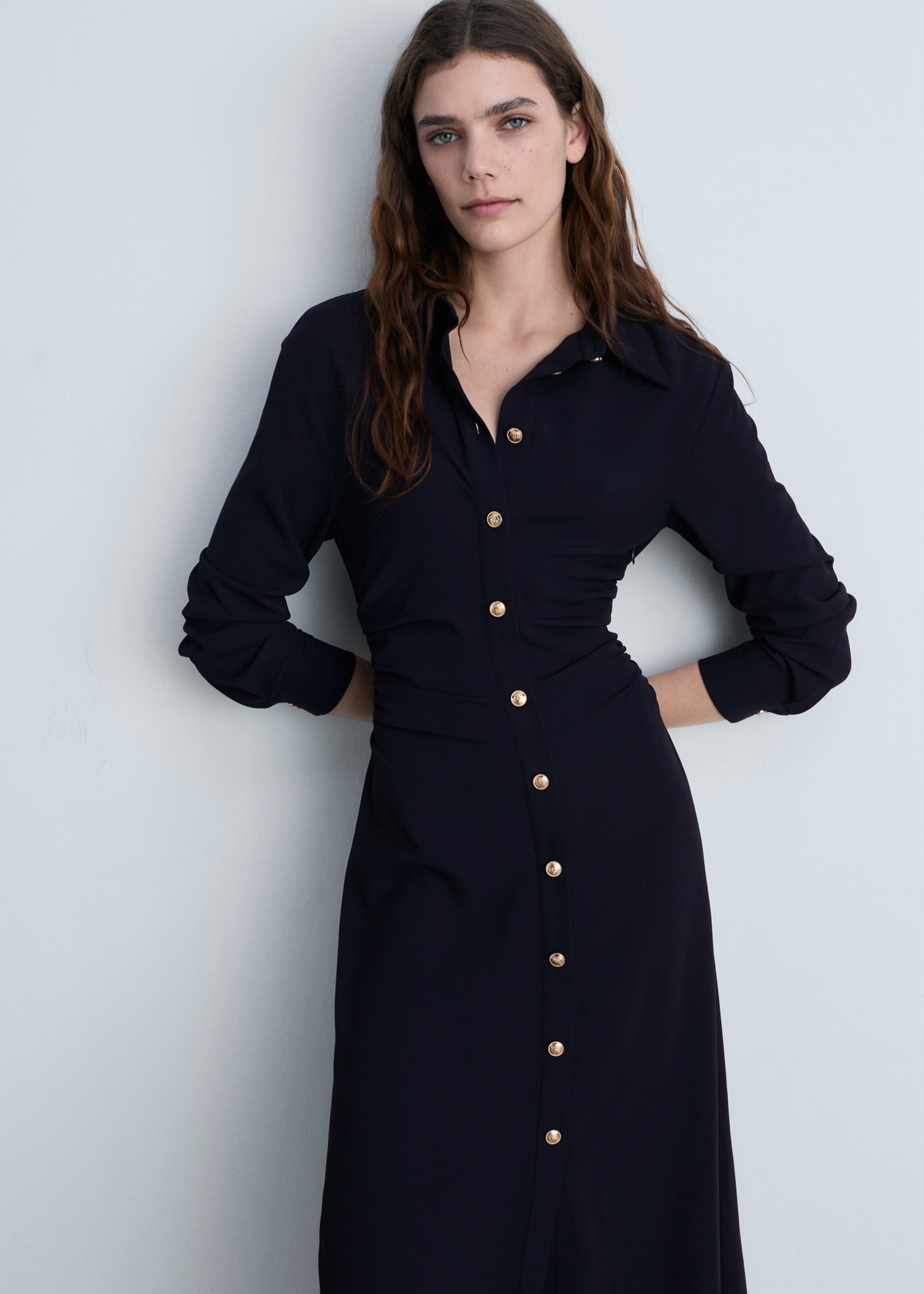 Midi-dress with draped waist - Medium plane, Dark Navy. Ref: 87090629-00.