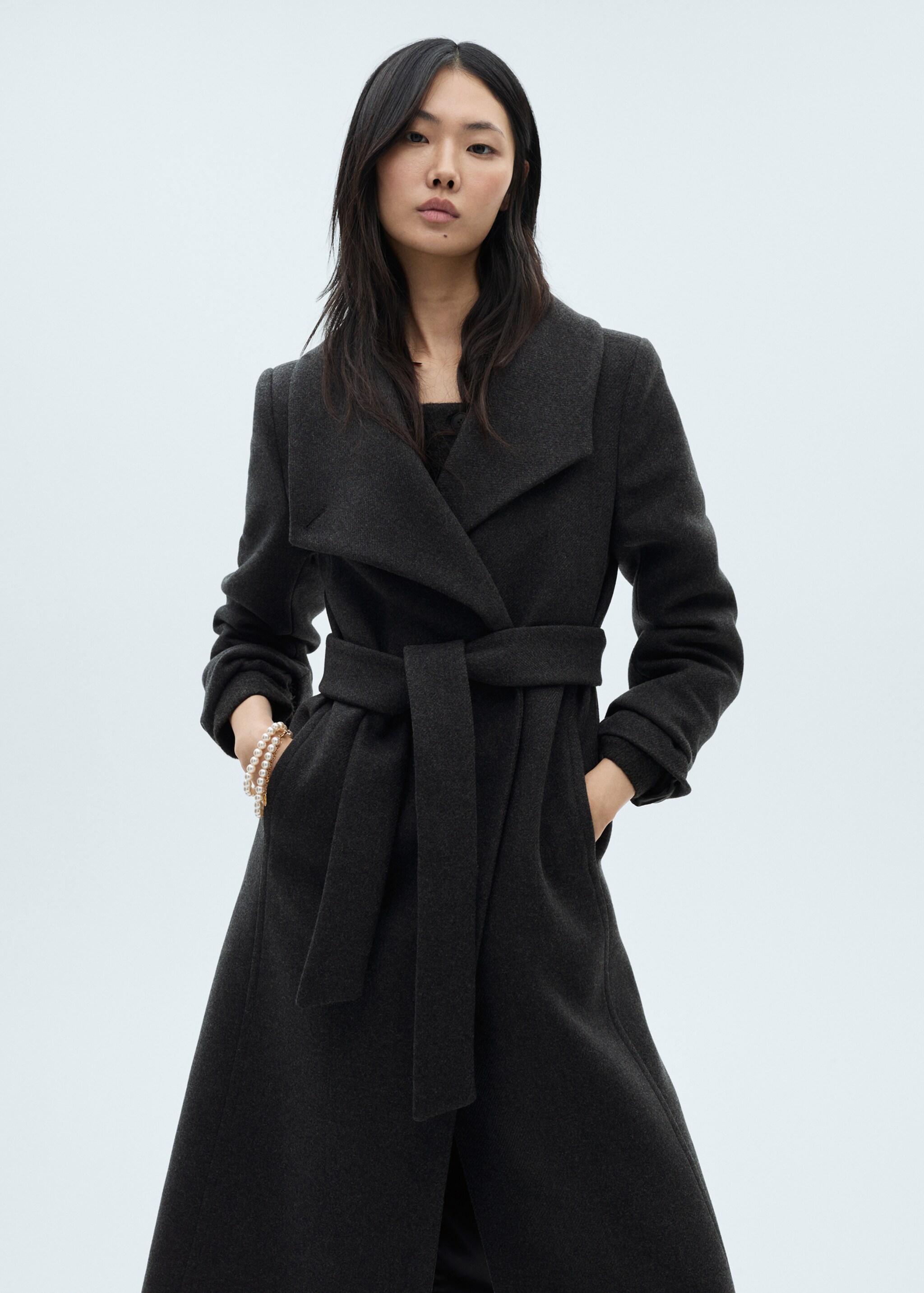 Wollen jas met ceintuur - Middenvlak, Grijs. Ref: 87090649-00.