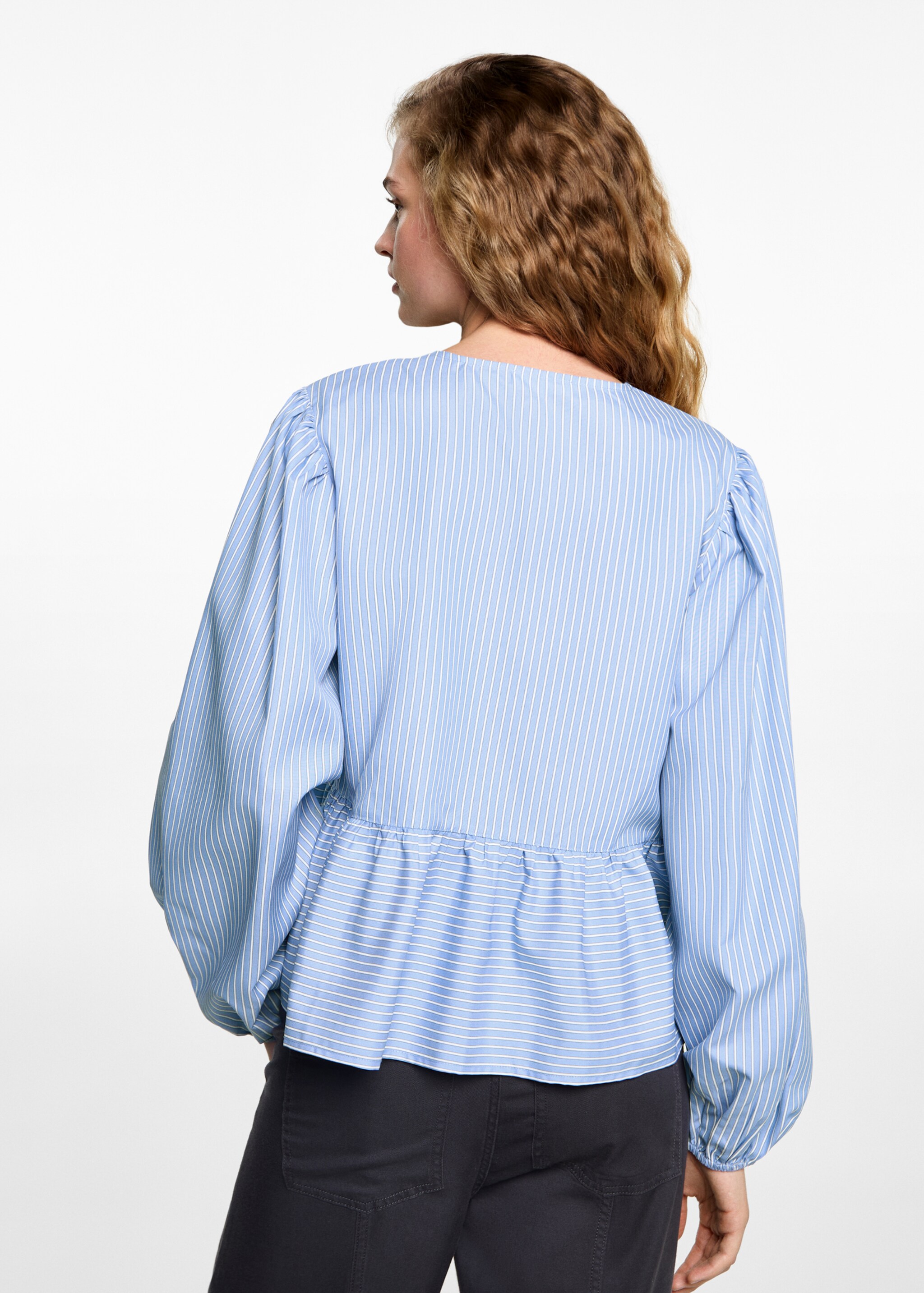 Gestreepte blouse met strikken - Achterkant van het artikel, Blauw. Ref: 87092539-00.