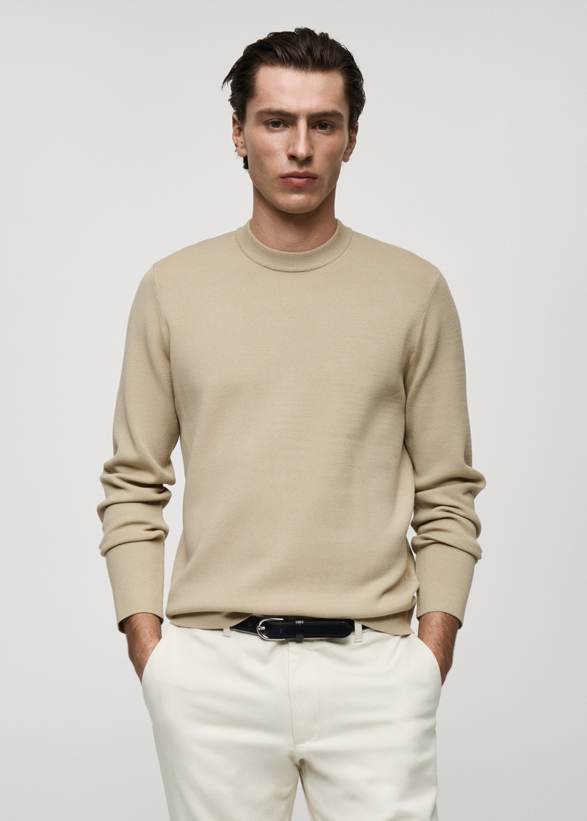 Medium-knit regular-fit sweater - Medium plane, Beige. Ref: 87092889-00.