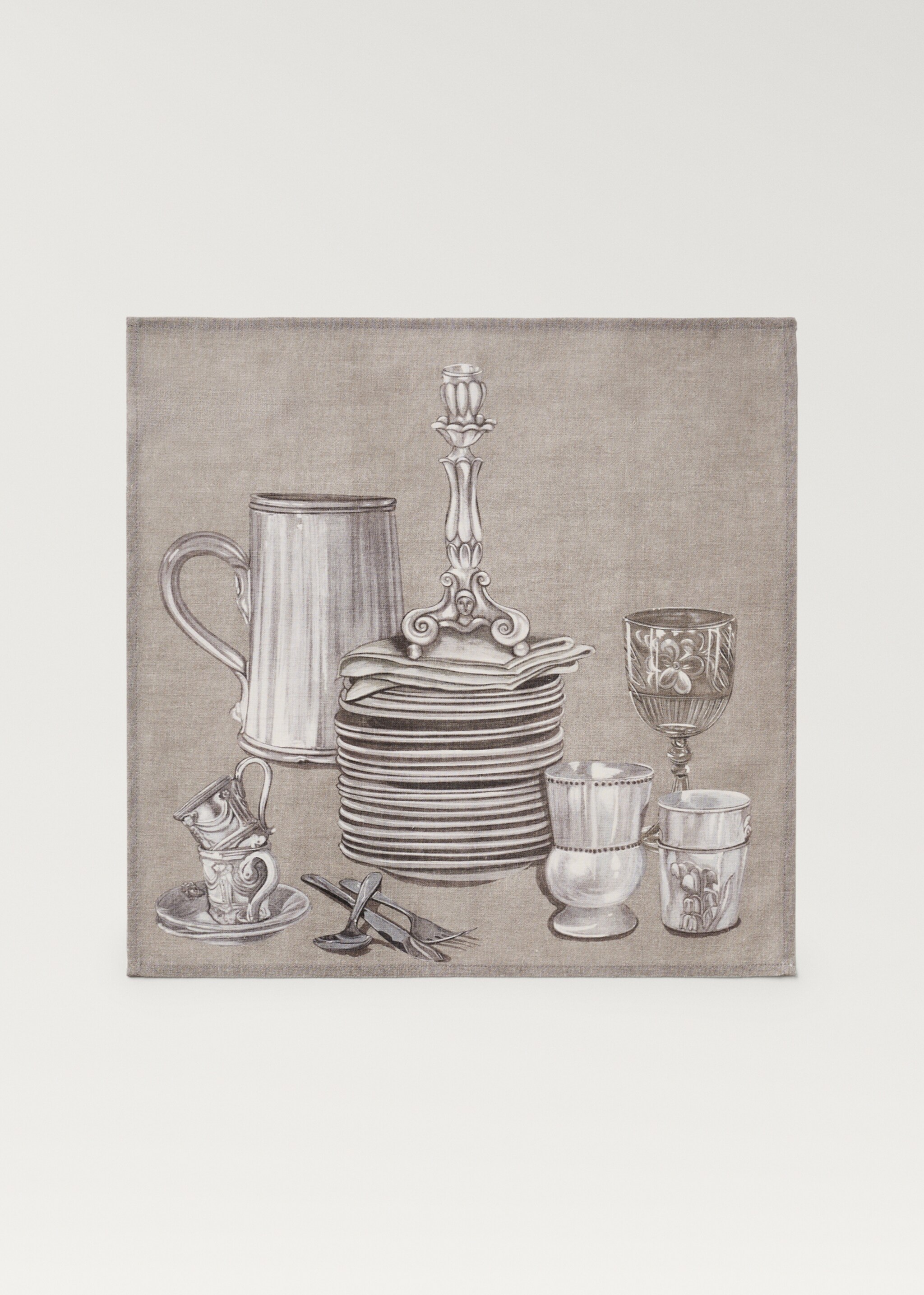 Cotton linen napkins with tableware print - Details of the article 1, Light/Pastel Grey. Ref: 87092945-00.