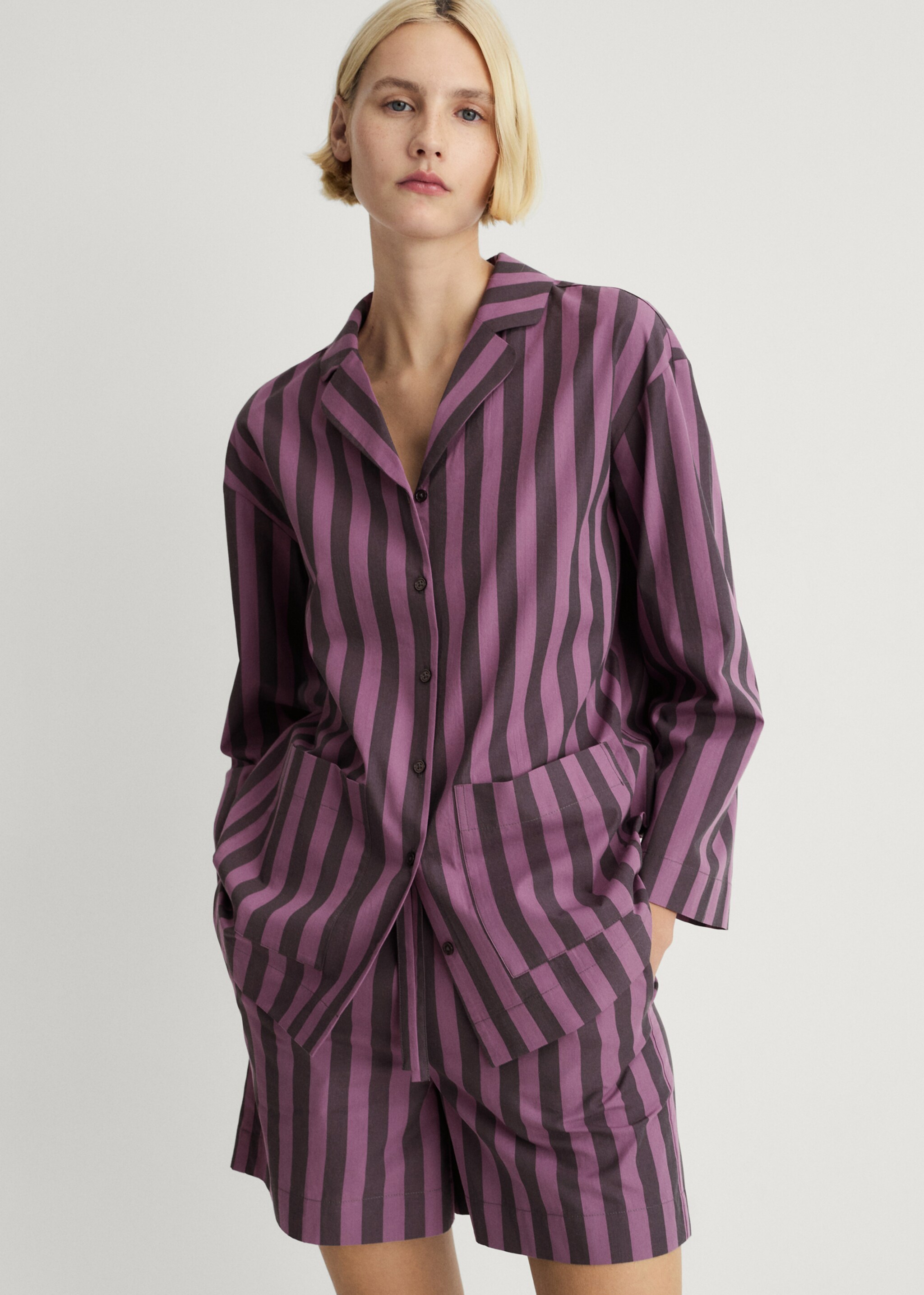 Two-tone woven striped long shirt - Medium plane, Plum. Ref: 87094066-00.