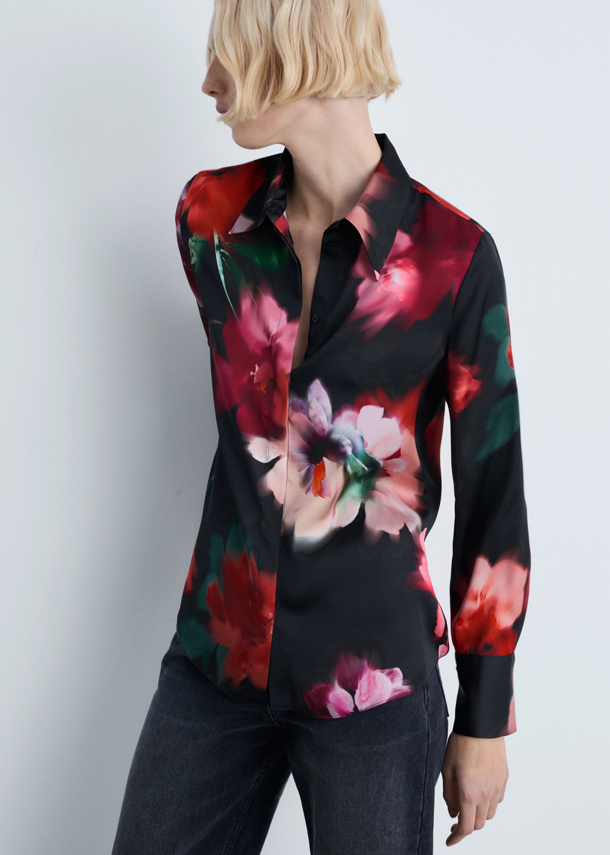 Satin print shirt - Medium plane, Black. Ref: 87094093-00.