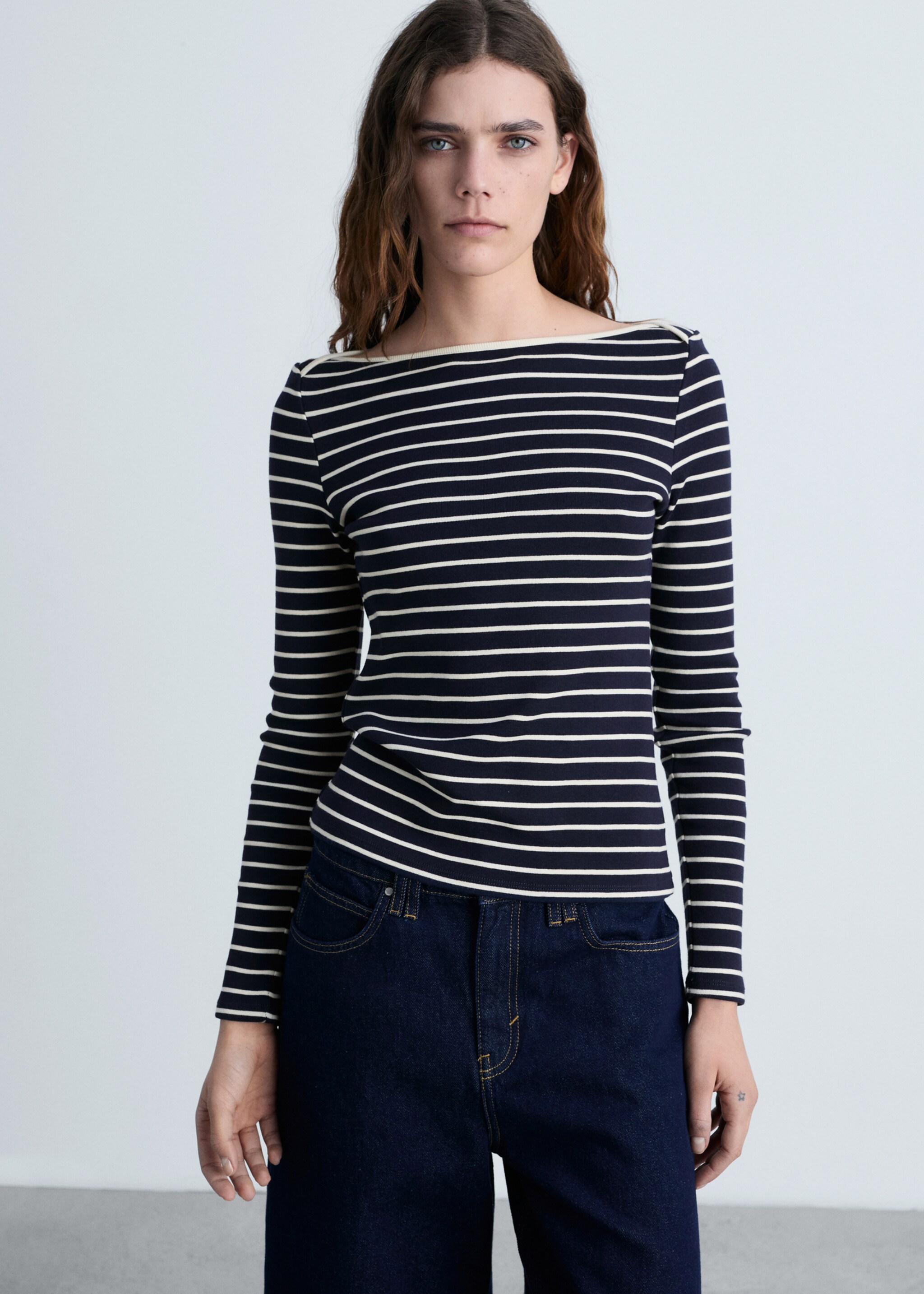 Striped boat-neck t-shirt - Medium plane, Dark Navy. Ref: 87094416-00.