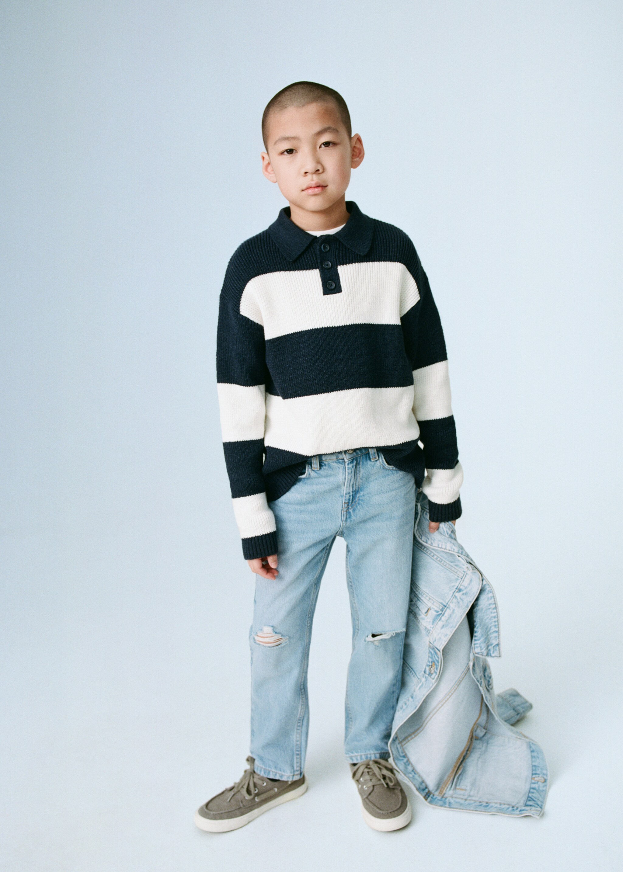 Striped polo-style sweater - Details of the article 5, Indigo Blue. Ref: 87094796-00.