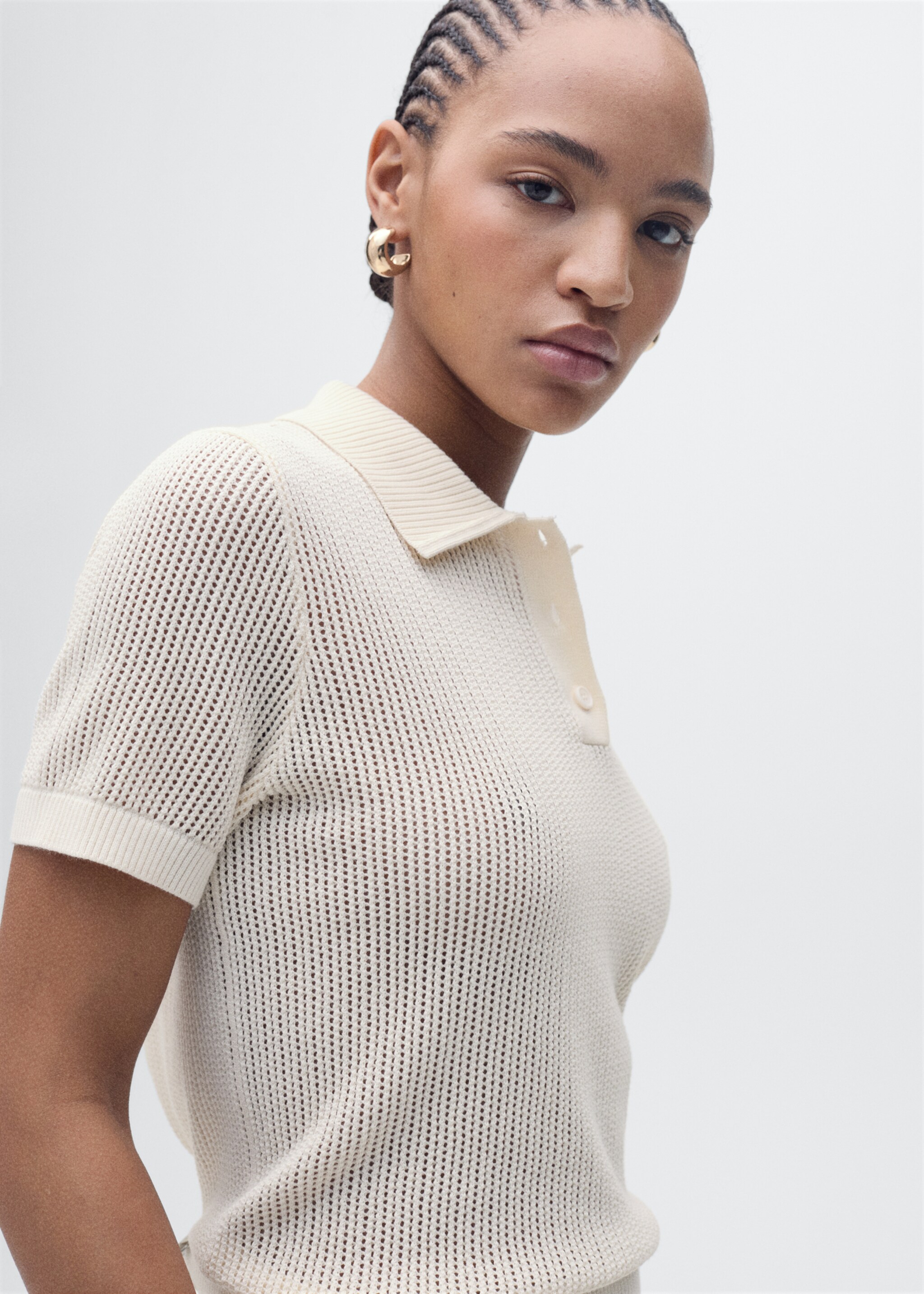 Openwork knitted polo-neck sweater - Details of the article 1, Ecru. Ref: 87095745-00.