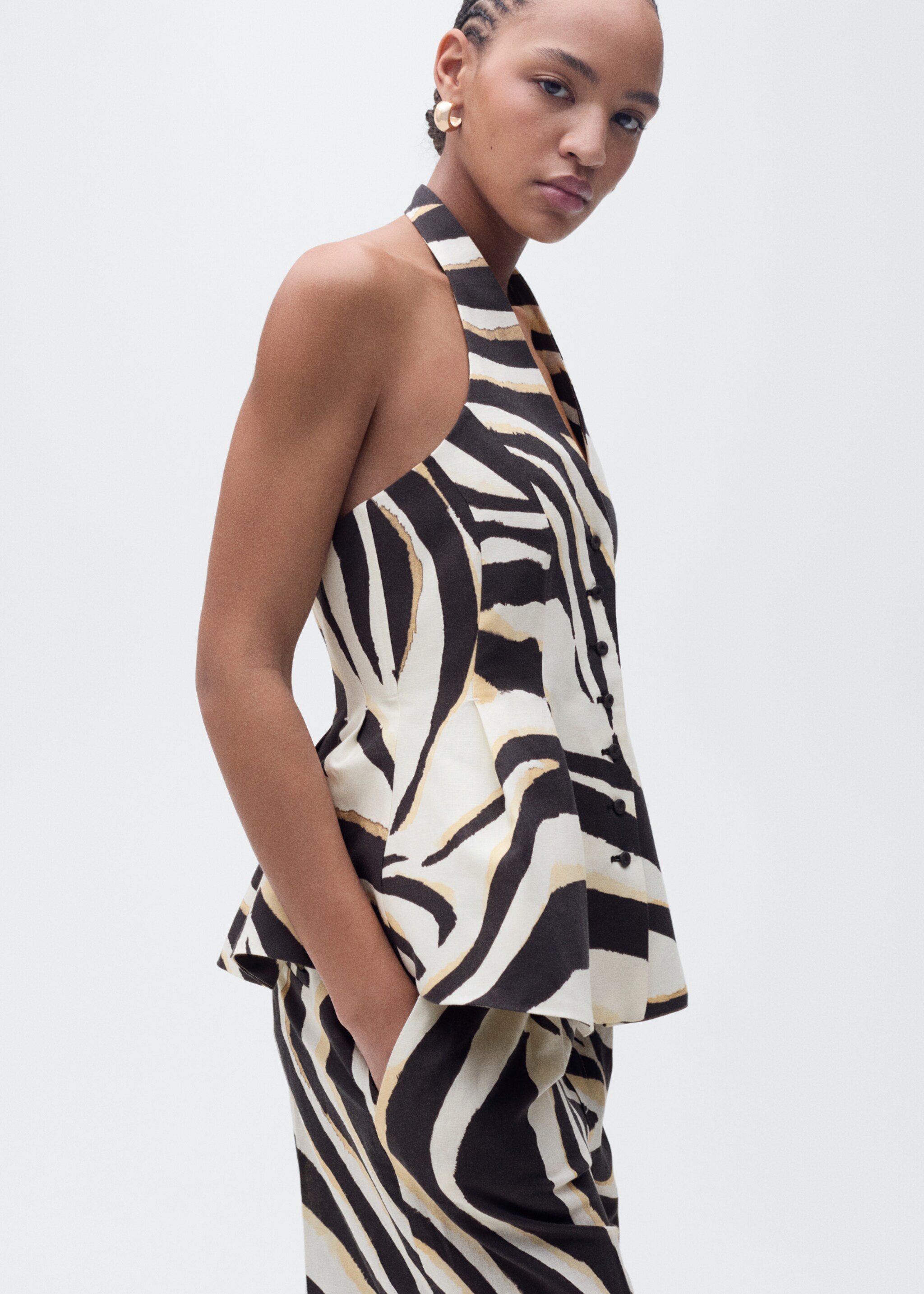 Linen zebra-print halter vest - Medium plane, Beige. Ref: 87095768-00.