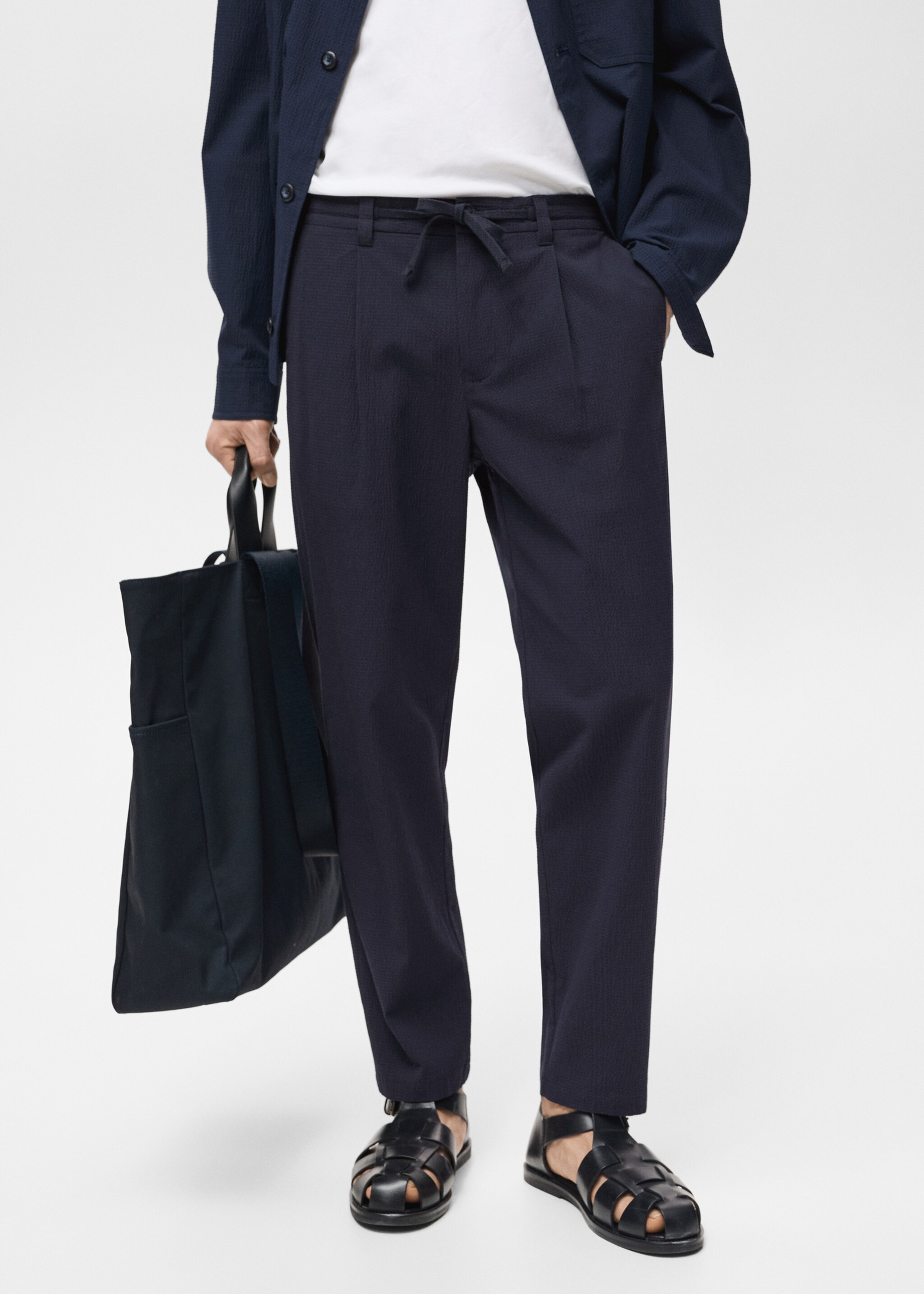 Seersucker cotton trousers - Medium plane, Night Blue. Ref: 87095916-00.