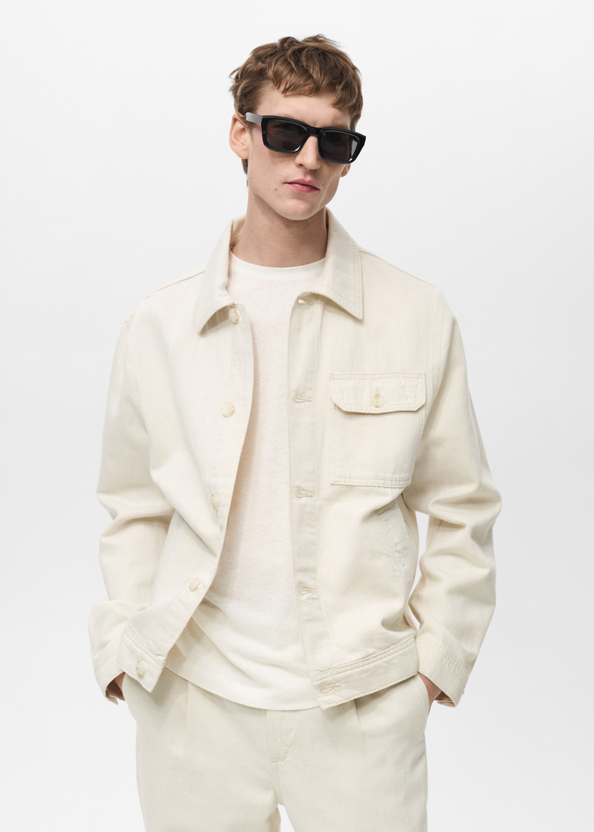 Linen-blend jacket with pockets - Medium plane, Ecru. Ref: 87095917-00.