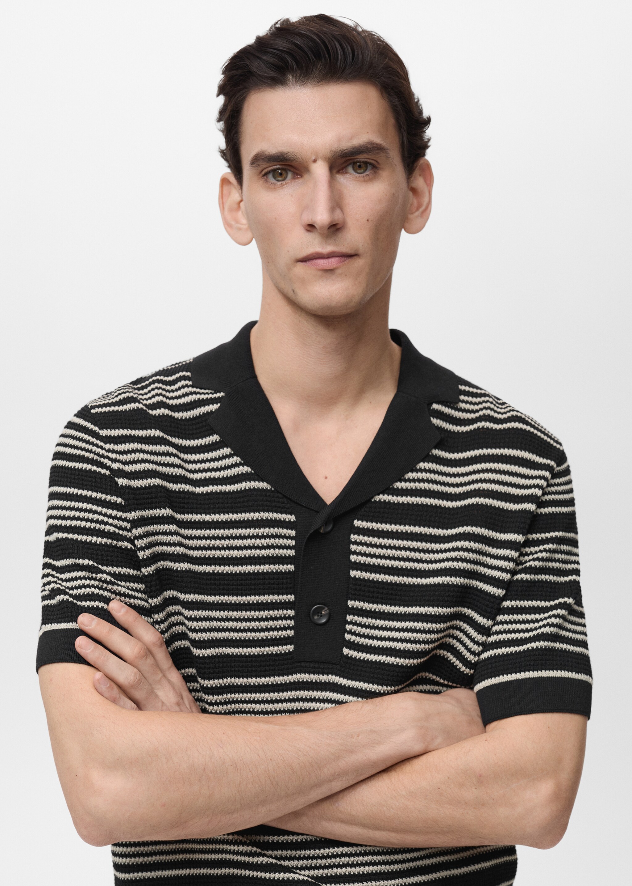 Striped braided knit polo shirt - Details of the article 1, Black. Ref: 87095931-00.