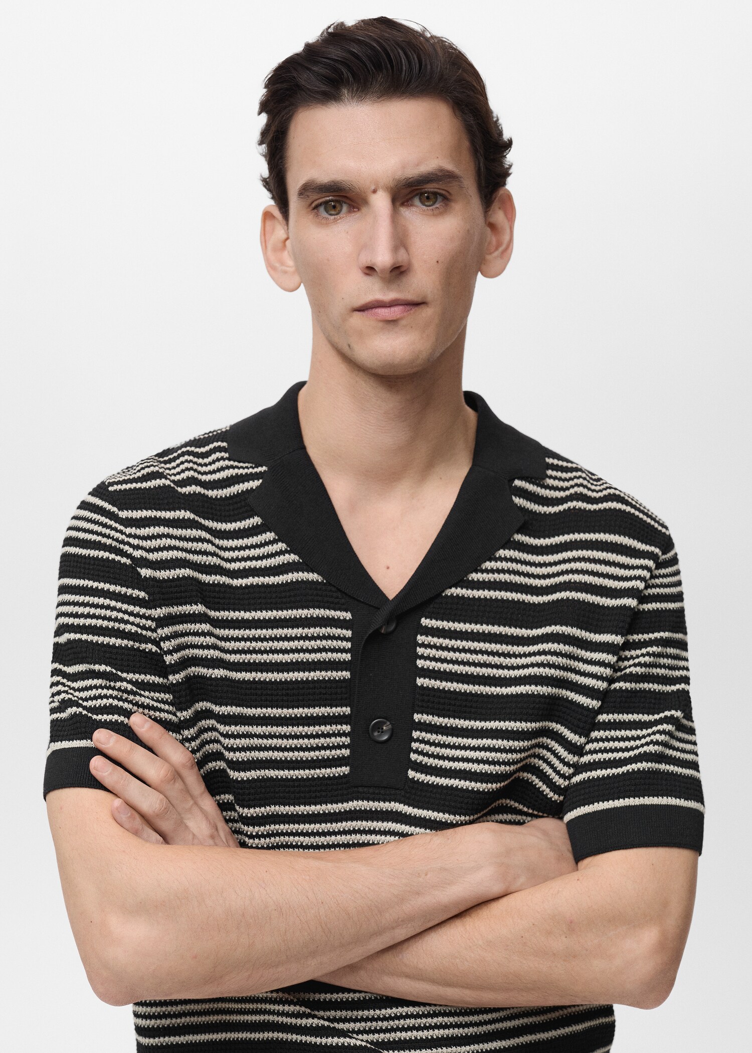 Striped braided knit polo shirt - Details of the article 1