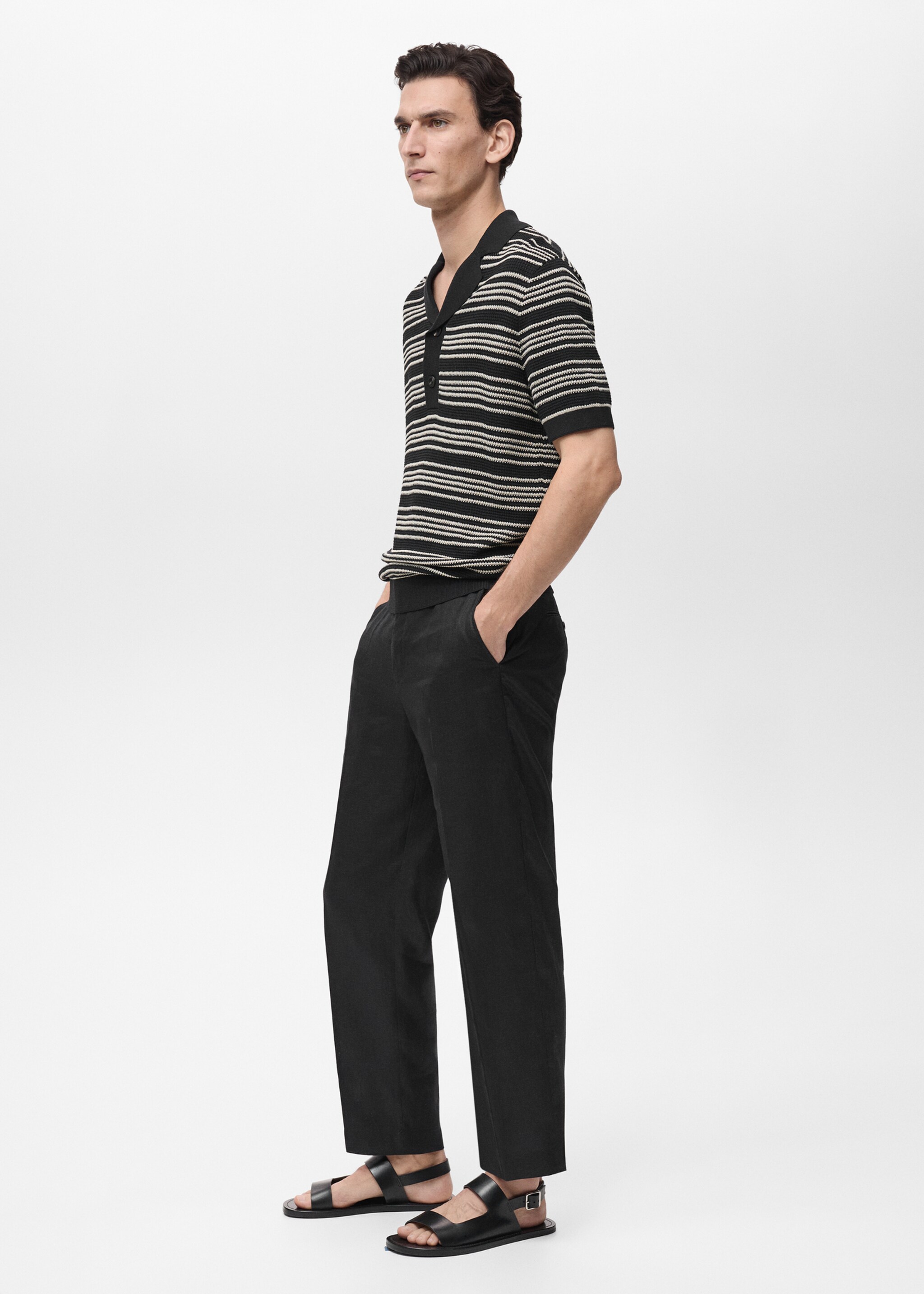 Striped braided knit polo shirt - Details of the article 2, Black. Ref: 87095931-00.