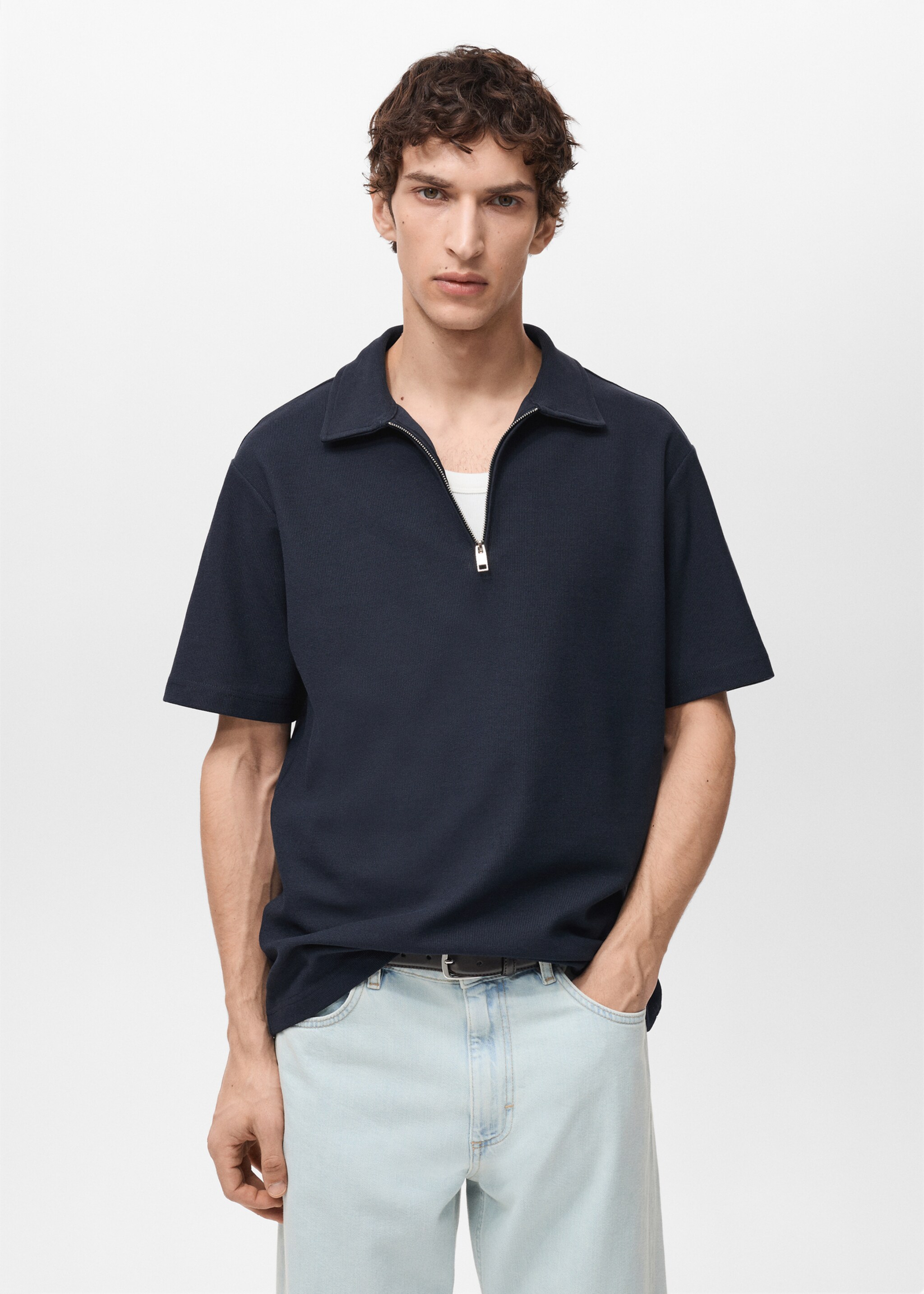 Structured polo shirt with zip collar - Medium plane, Dark Navy. Ref: 87095939-00.