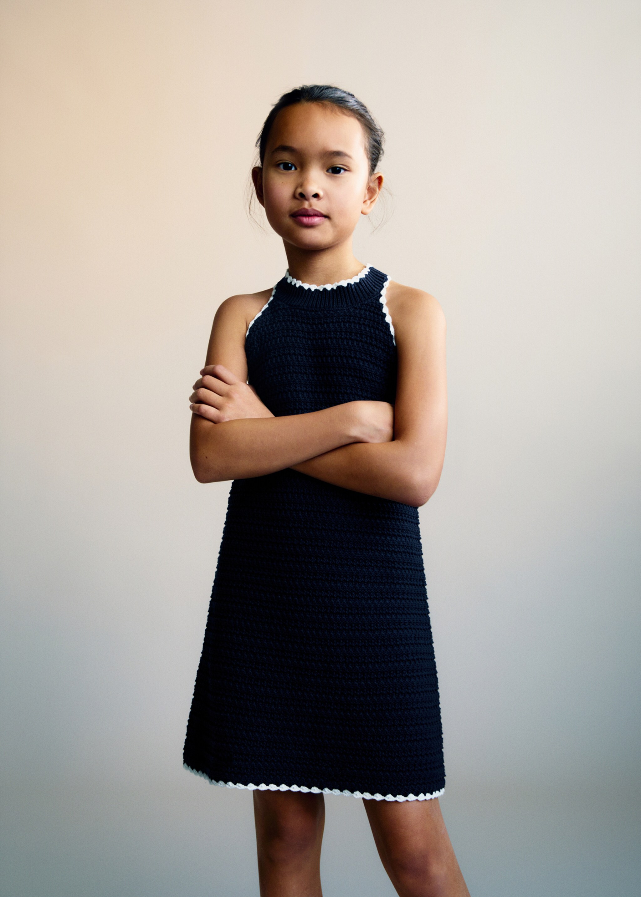 Contrast ribbed knit dress - Medium plane, Dark Navy. Ref: 87095980-00.