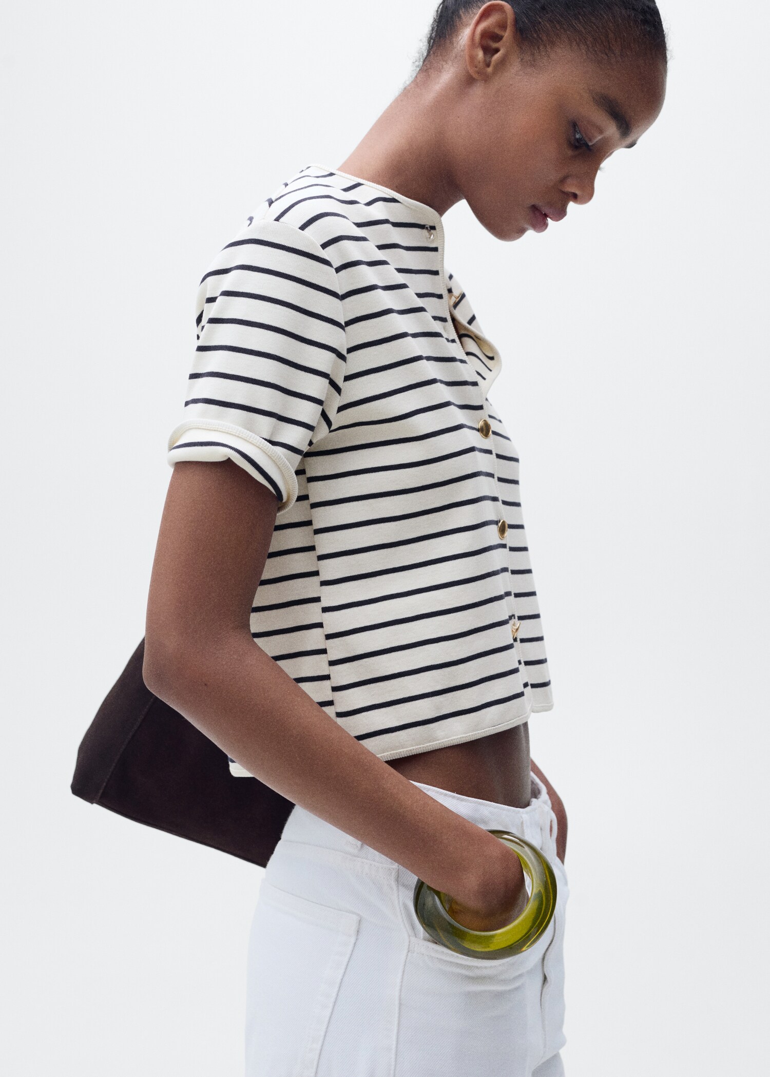 Gestreifter Kurzarm-Cardigan - Mittlere Ansicht