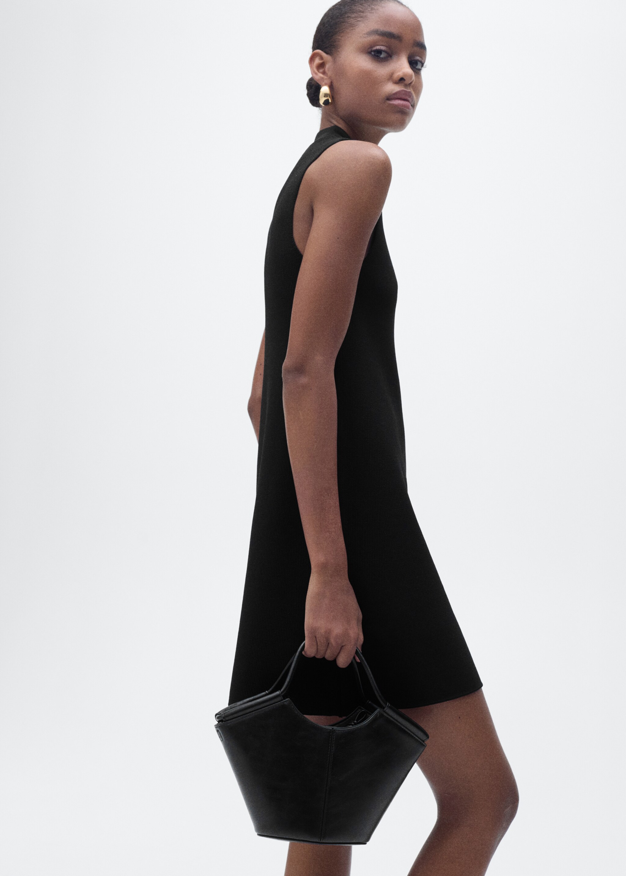 Perkins-neck knitted dress - Medium plane, Black. Ref: 87097184-00.