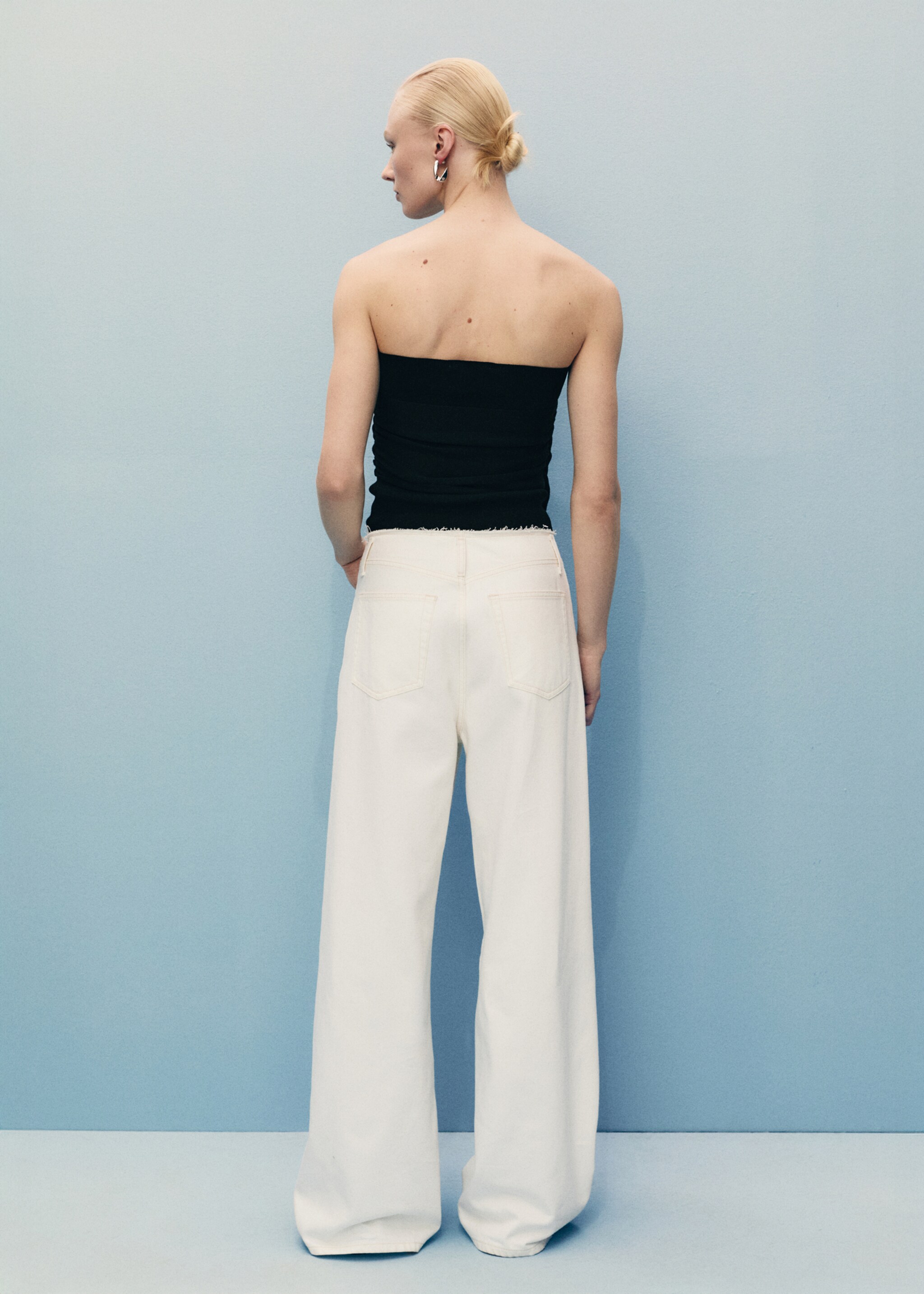 Denim wideleg broek met gerafelde taille - Achterkant van het artikel, Gebroken wit. Ref: 87097189-00.