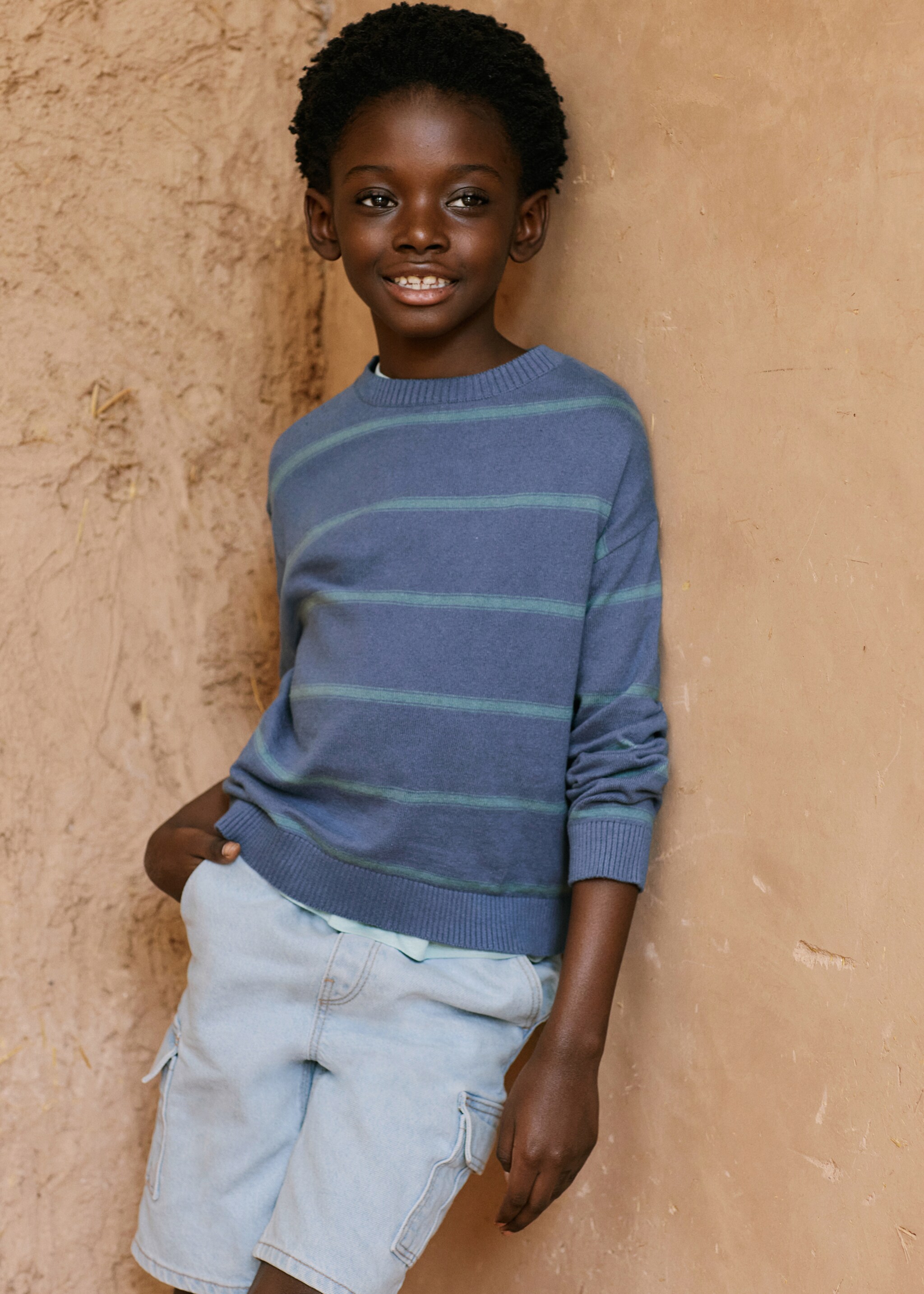 Striped cotton-blend sweater - Details of the article 6, Blue. Ref: 87097682-00.