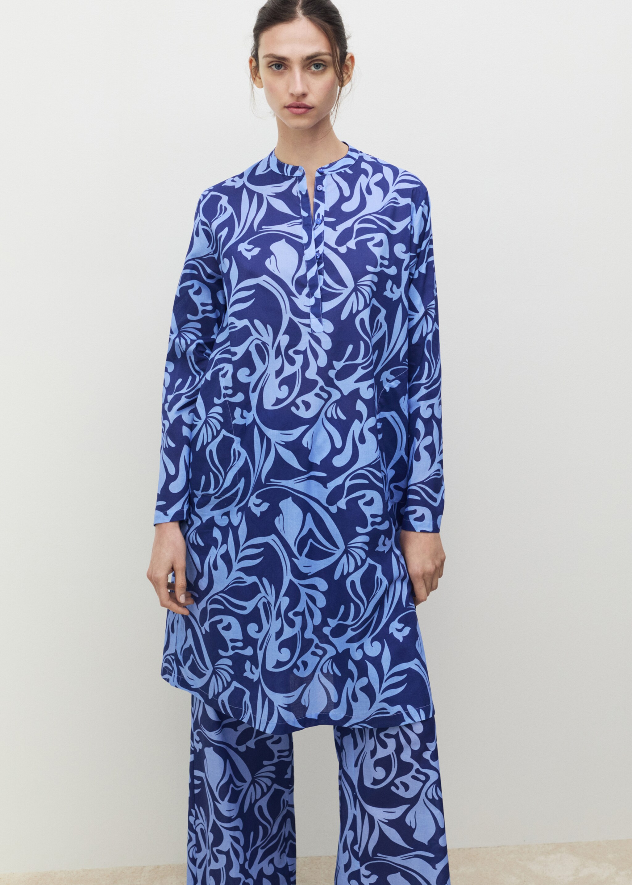 Baumwoll-Kaftan mit zweifarbigem Print - Mittlere Ansicht, Blau. Ref: 87098269-00.