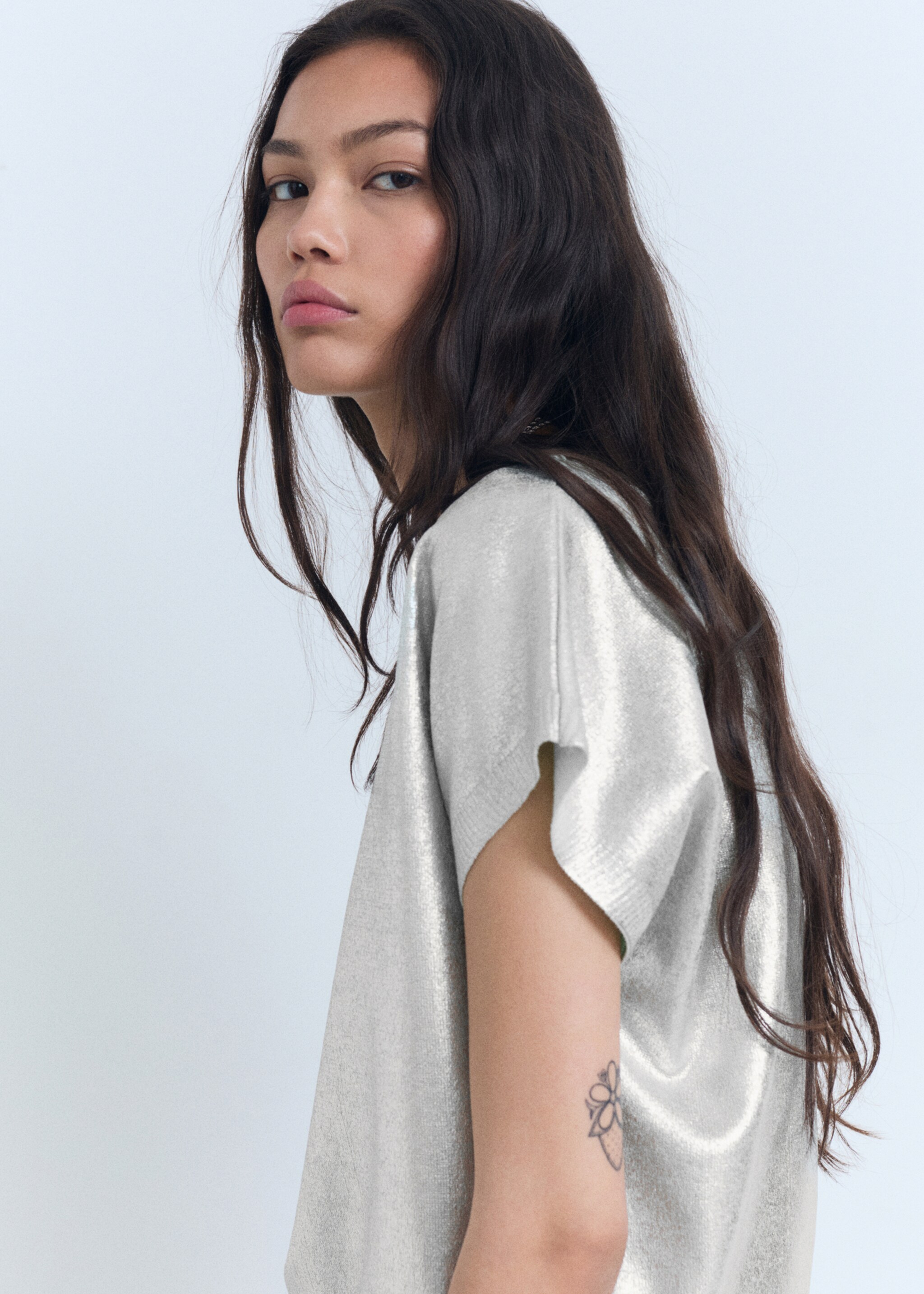 Short-sleeved foil knitted sweater - Details of the article 2, Mint Green. Ref: 87098648-00.