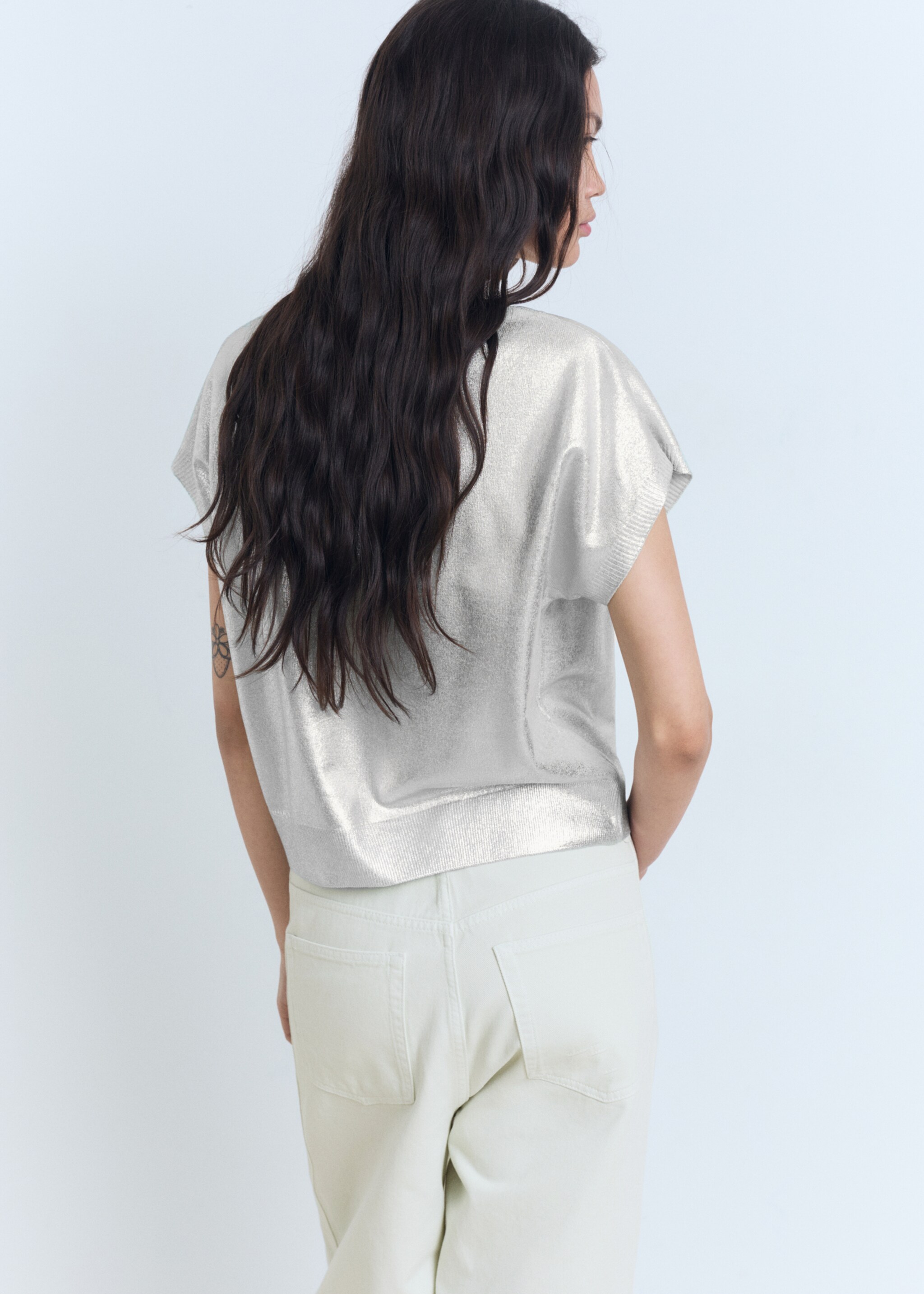 Short-sleeved foil knitted sweater - Reverse of the article, Mint Green. Ref: 87098648-00.