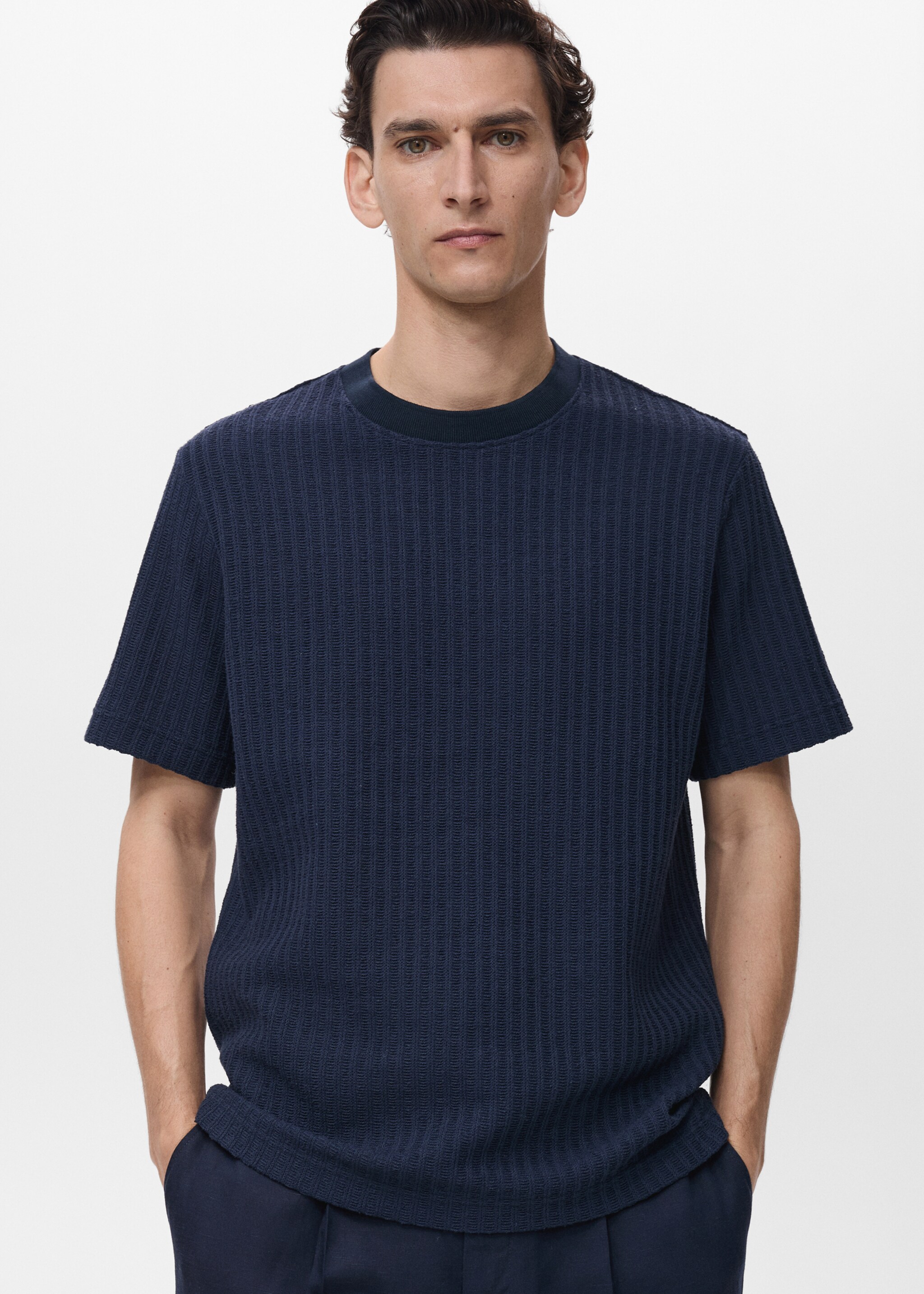 Ribbed  knit t-shirt - Medium plane, Ink Blue. Ref: 87099217-00.