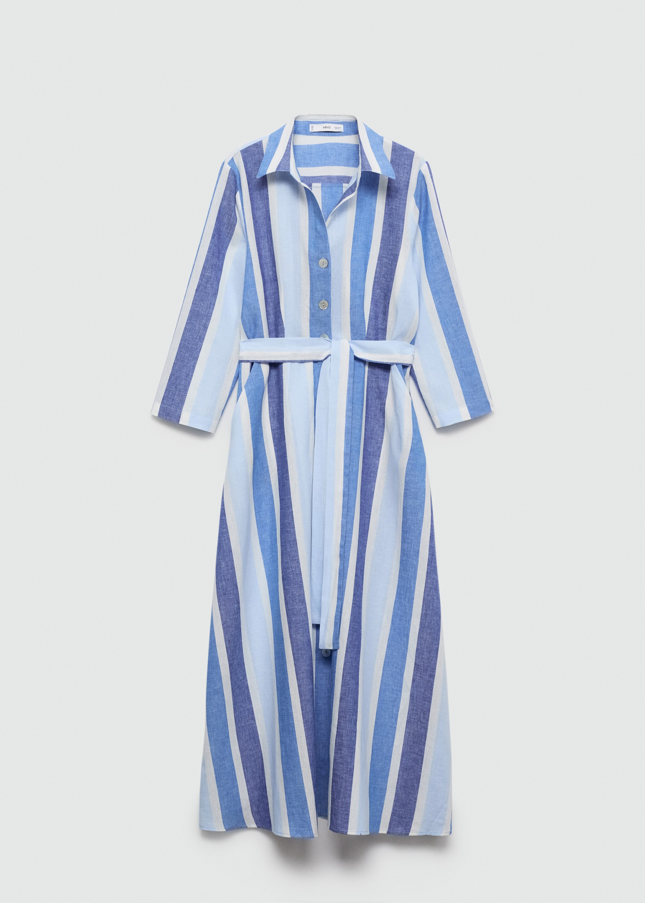 Striped linen dress with belt - Article without model, Blue. Ref: 87128647-00.