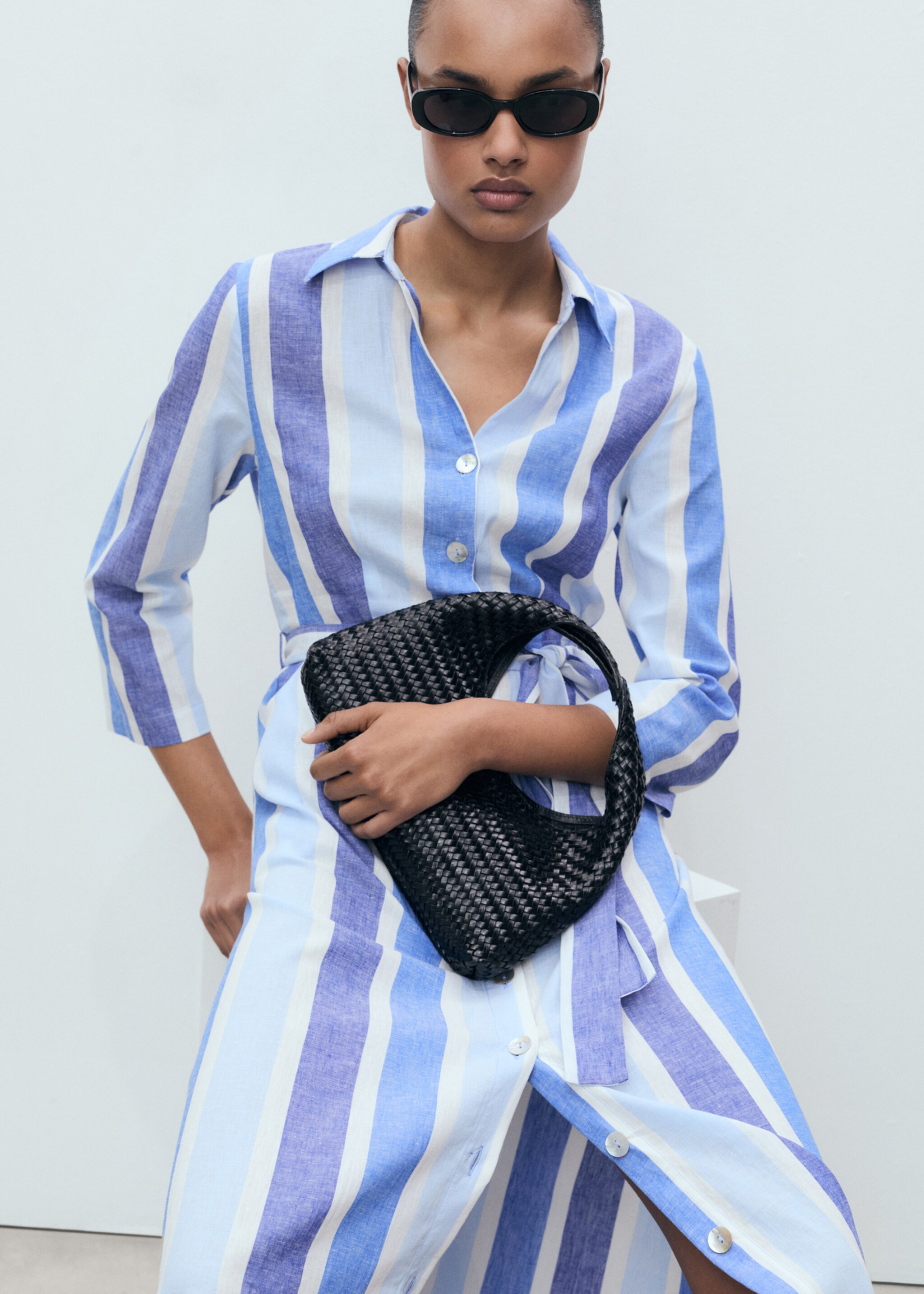 Striped linen dress with belt - Details of the article 2, Blue. Ref: 87128647-00.