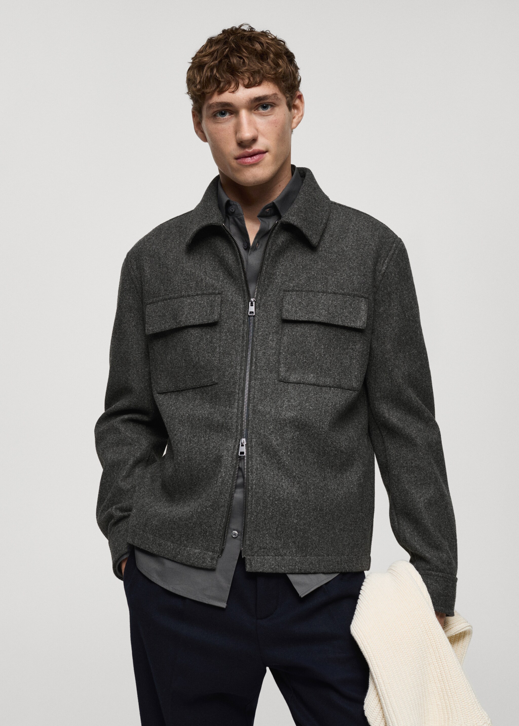 Regular-fit flannel jacket with pockets - Medium plane, Dark Heather Grey. Ref: 87930595-00.