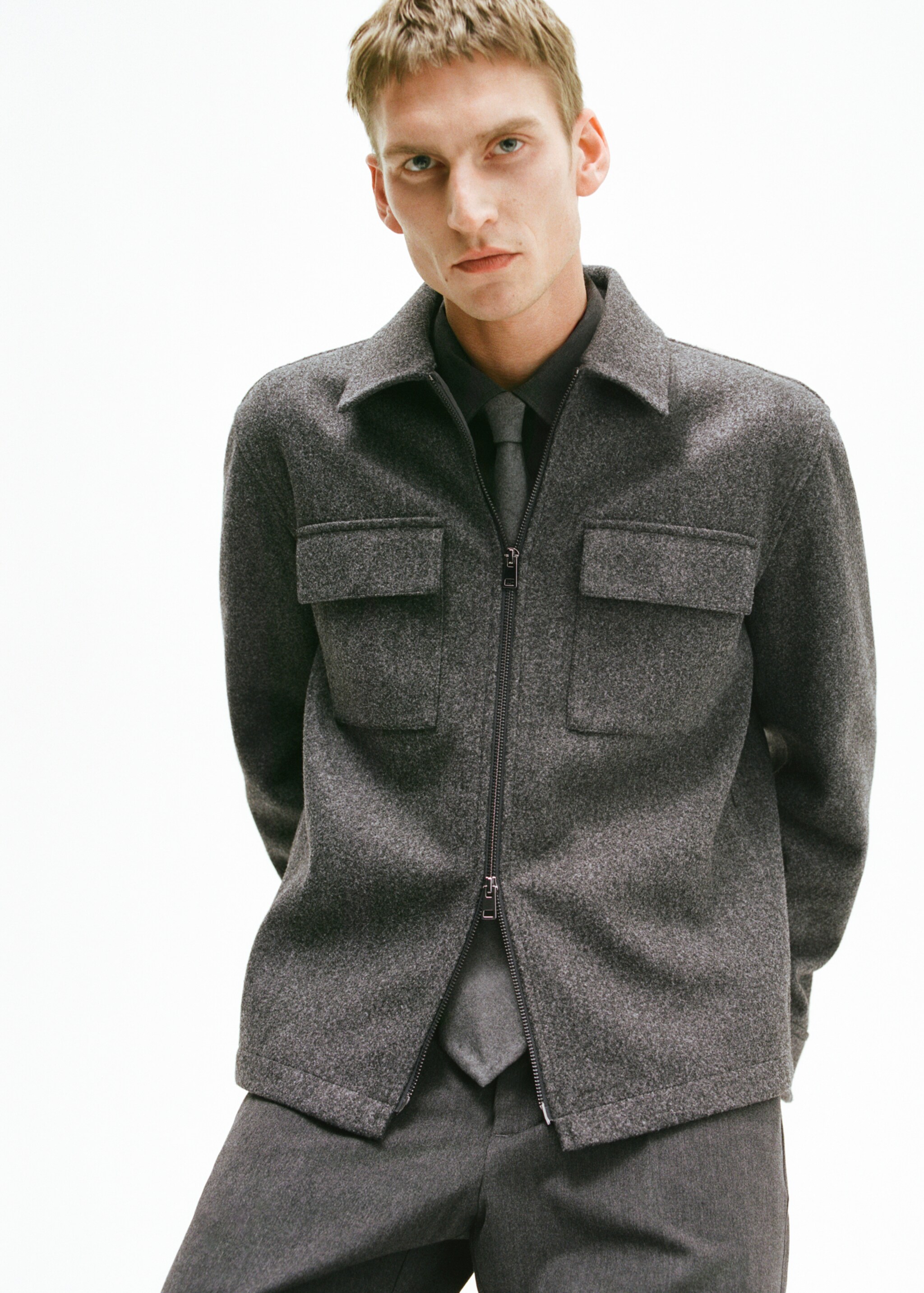 Regular-fit flannel jacket with pockets - Details of the article 3, Dark Heather Grey. Ref: 87930595-00.