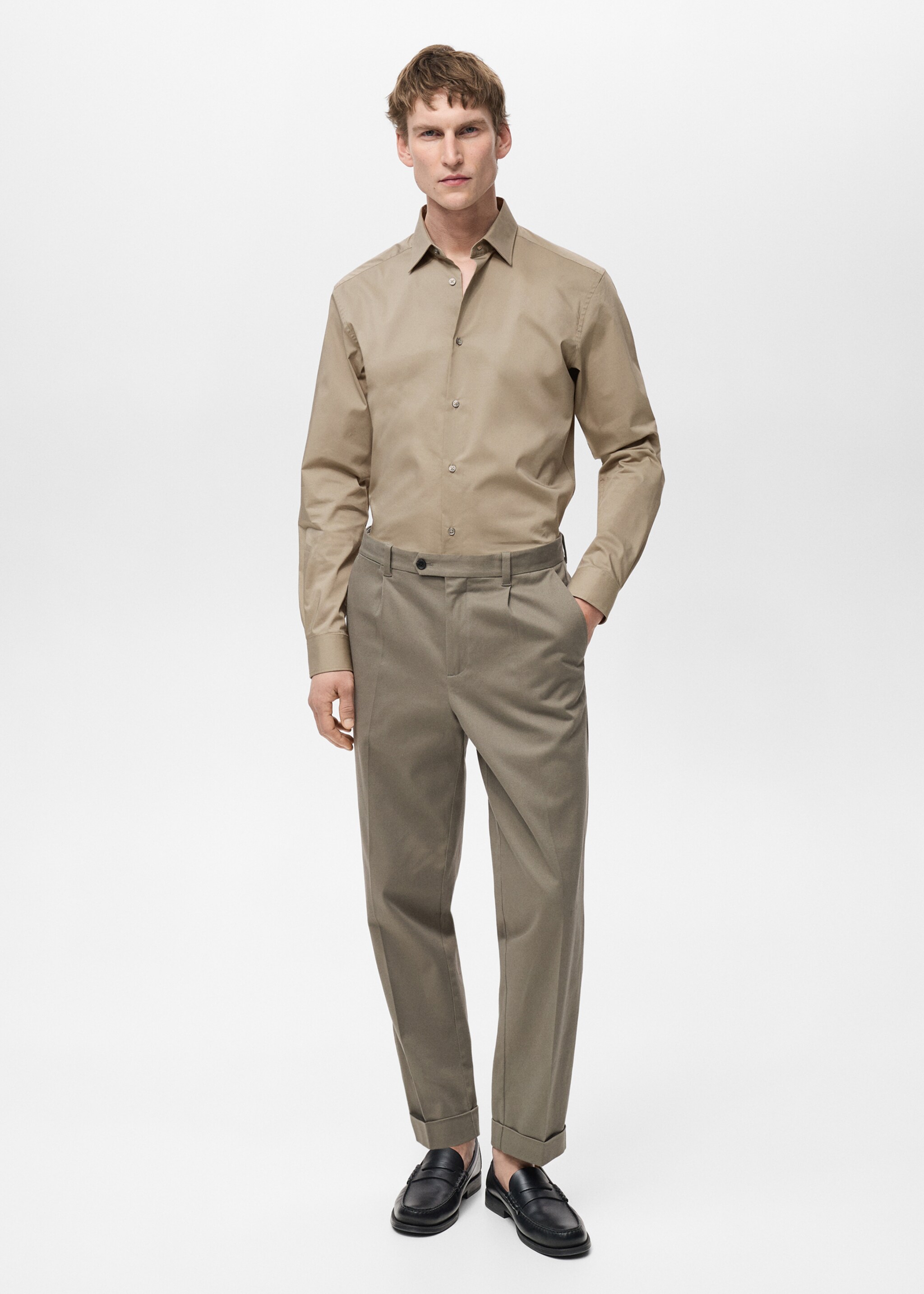 Regular-fit stretch cotton shirt - General plane, Medium Brown. Ref: 87000602-00.