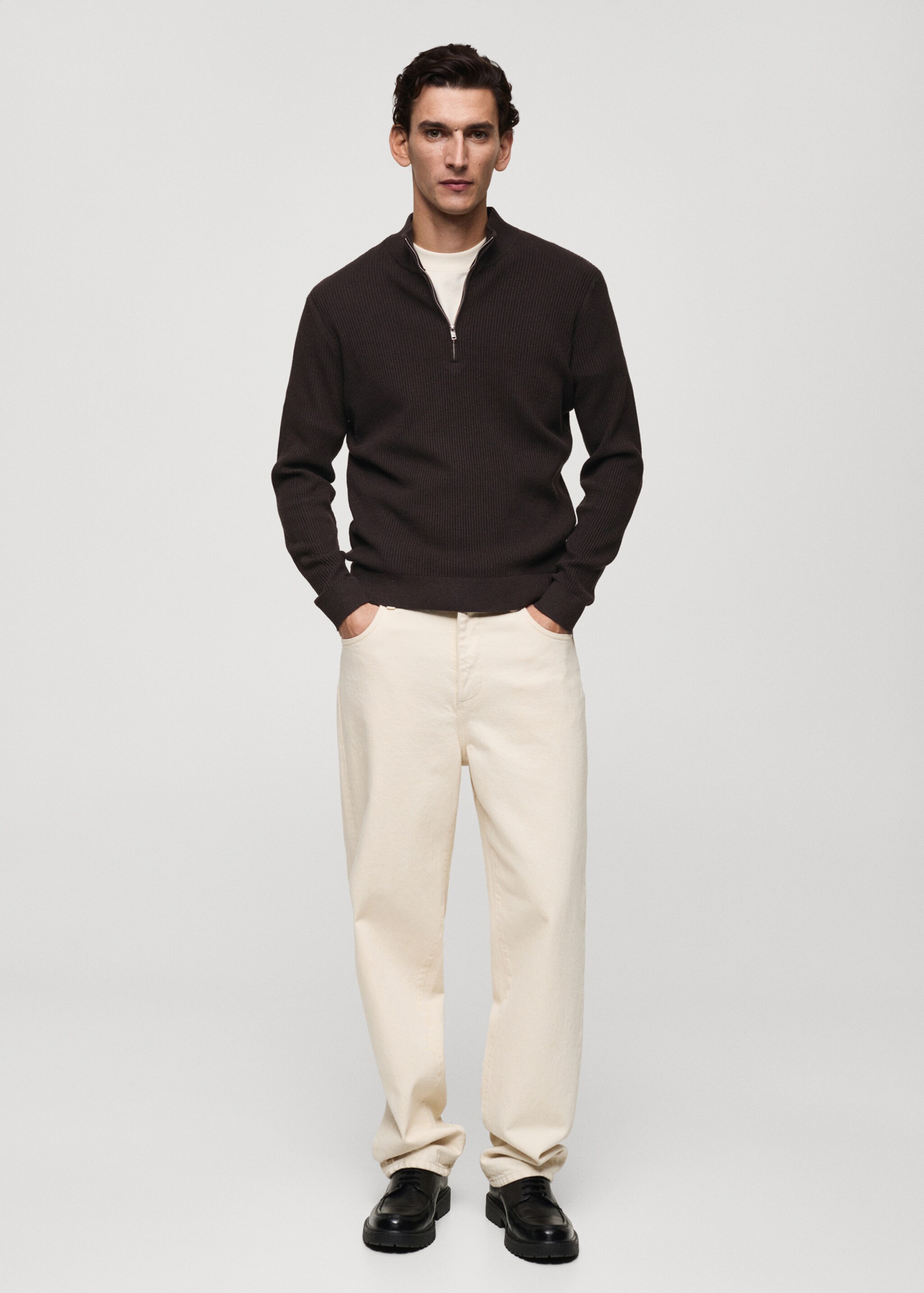 Ribbed sweater with zip neck - General plane, Chocolate. Ref: 87000611-00.