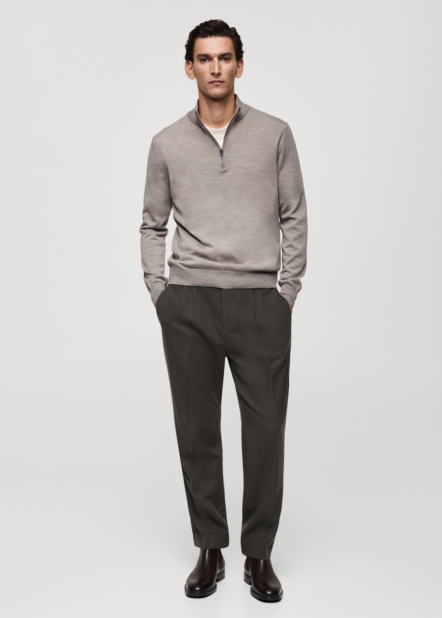 100% merino wool perkins-neck sweater with zip - General plane