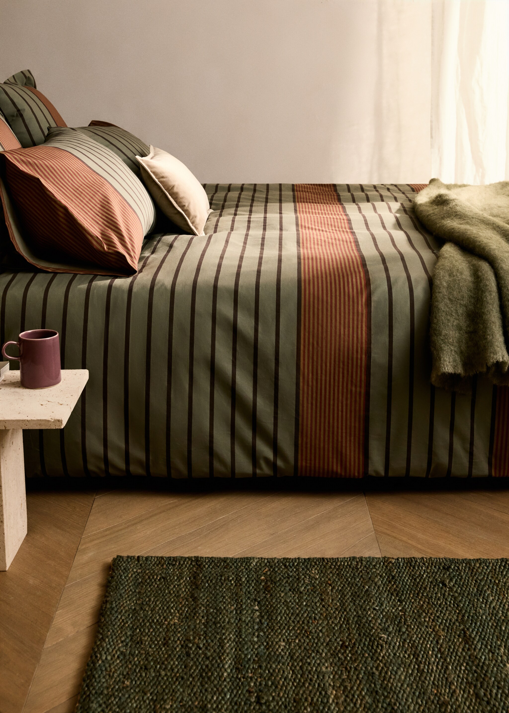 Percale cotton multi-striped duvet cover King bed - General plane, Khaki. Ref: 87002940-00.