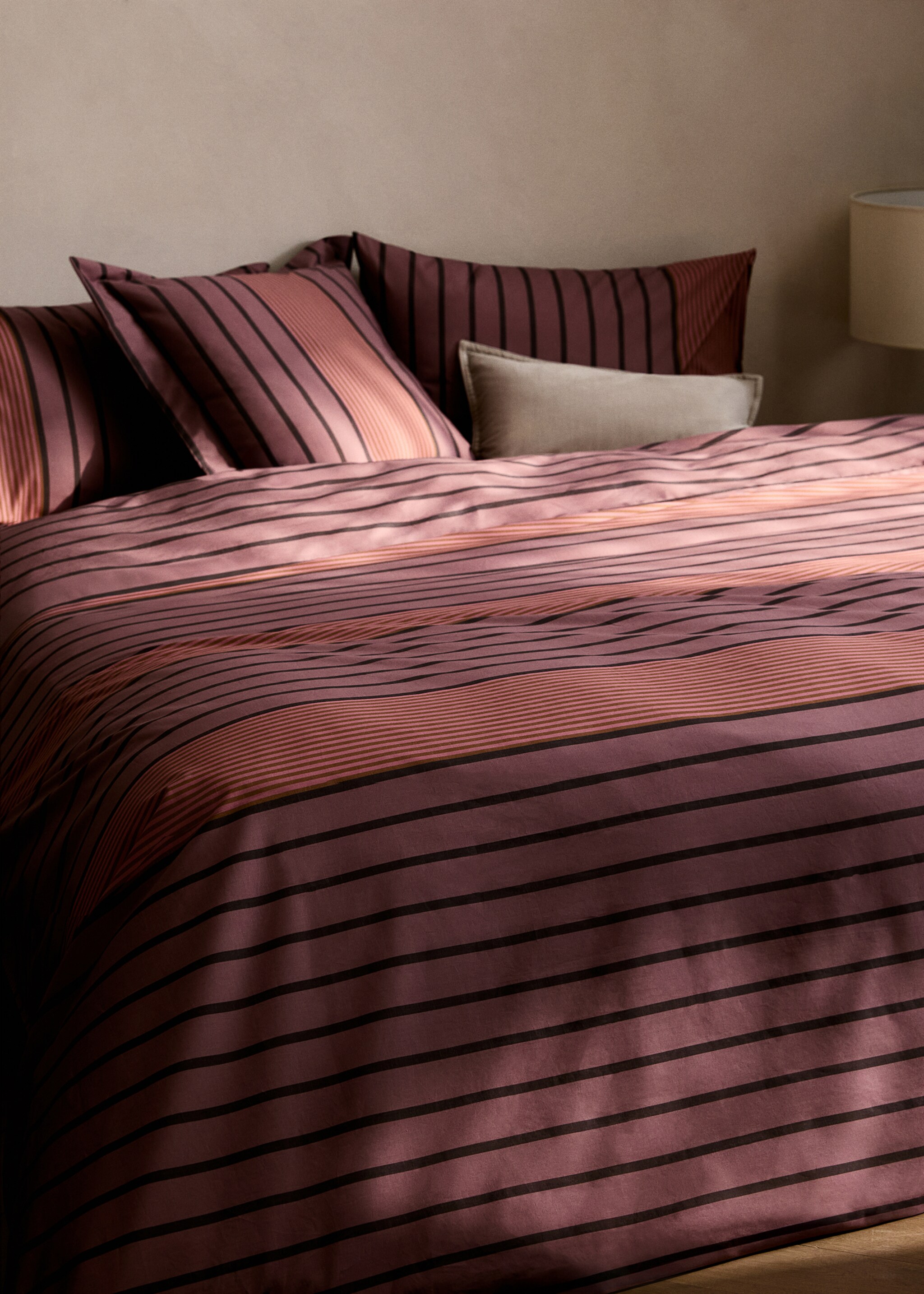 Percale cotton multi-striped duvet cover King bed - General plane, Pink. Ref: 87002940-00.