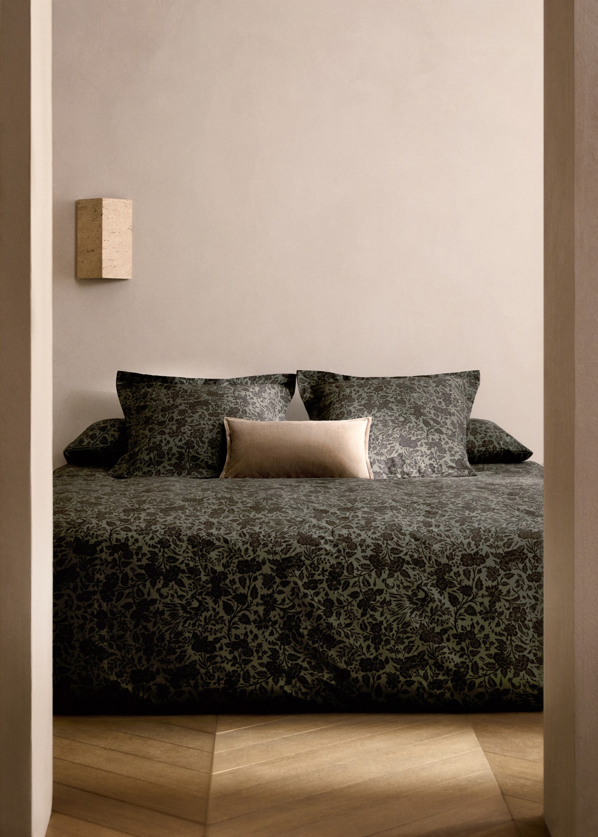 Percale cotton two-tone floral-print duvet cover King bed - General plane, Khaki. Ref: 87002956-00.