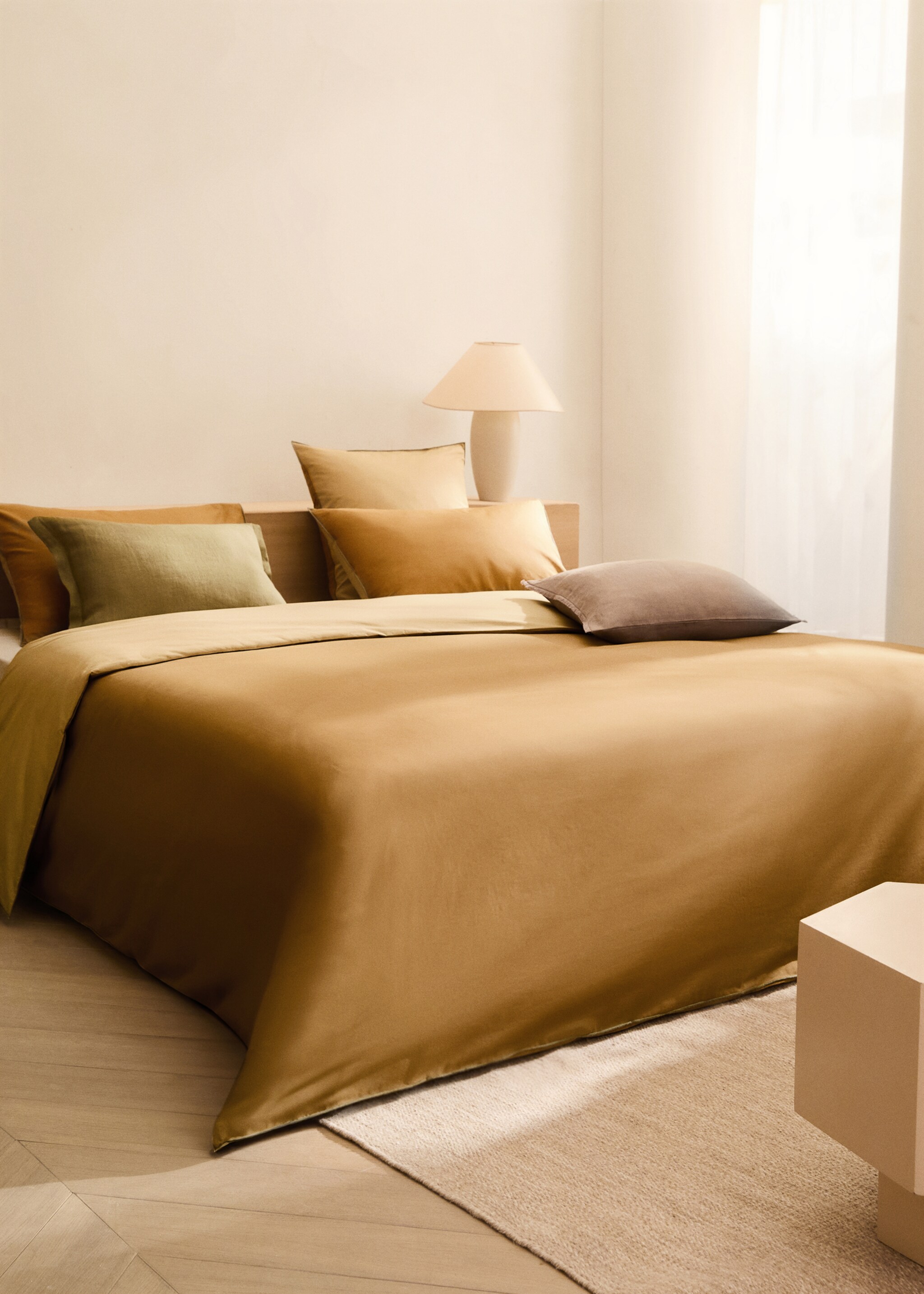 Reversible percale cotton duvet cover Single bed - General plane, Caramel. Ref: 87002962-00.