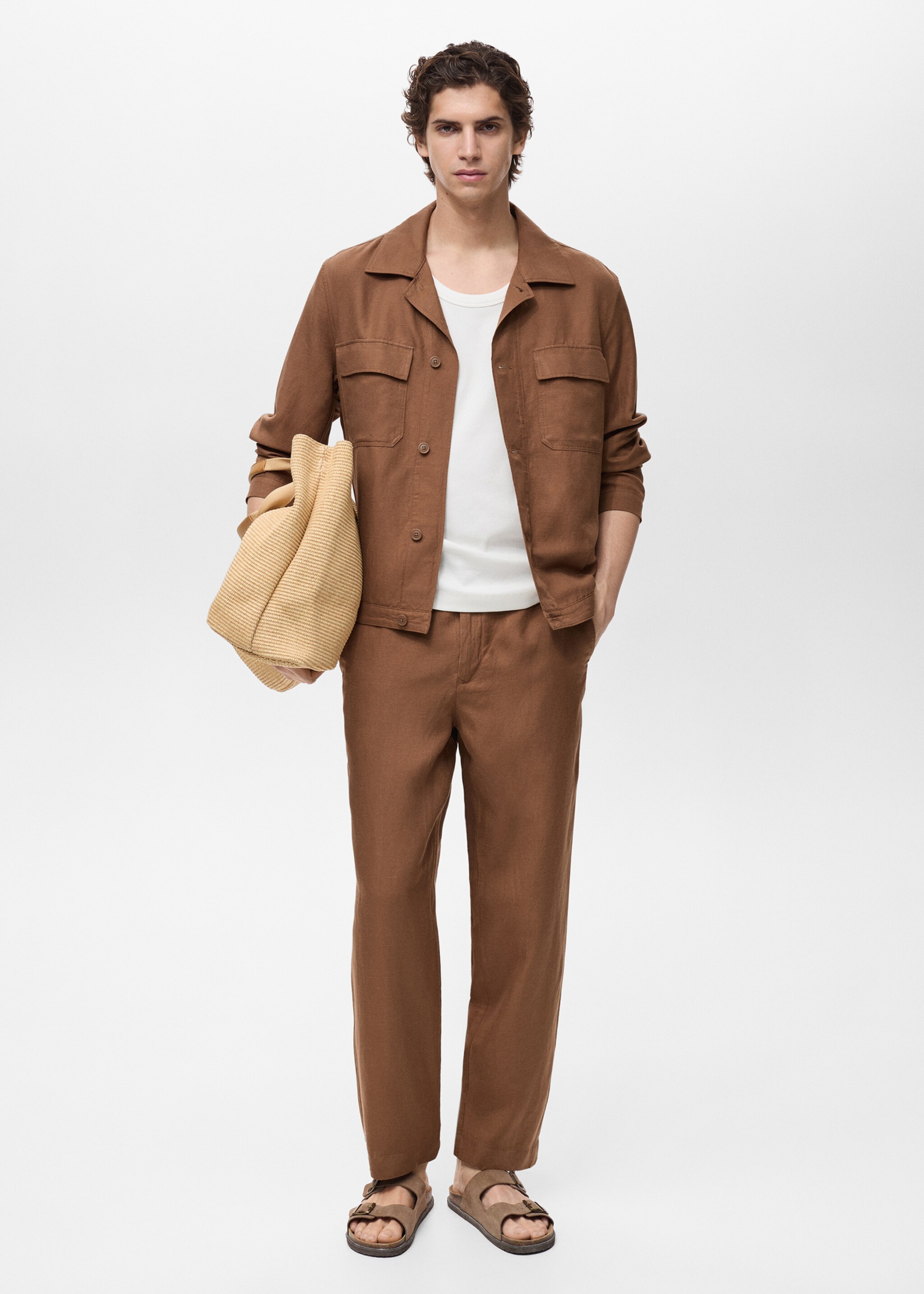 Bowling-style overshirt in a linen blend - General plane, Tobacco Brown. Ref: 87009208-00.