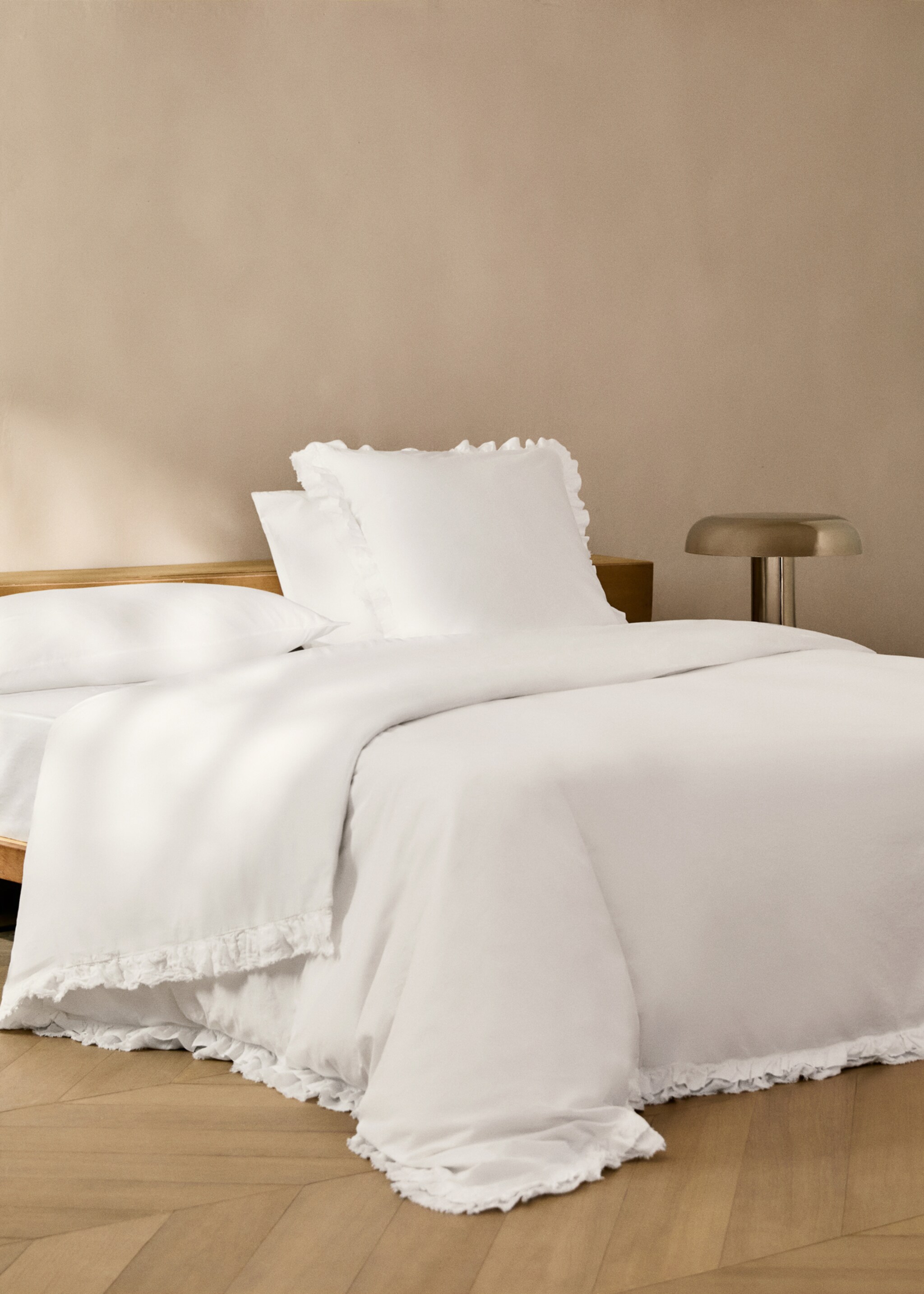 Washed cotton duvet cover with linen ruffle Single bed - General plane, White. Ref: 87013009-00.