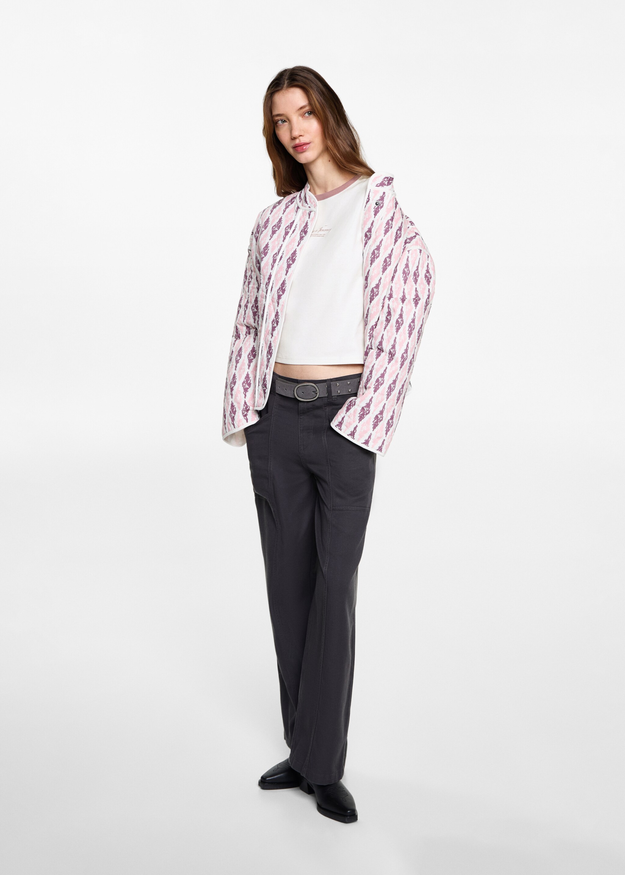 Camiseta crop mensaje - Plano general, Blanco roto. Ref: 87013278-00.