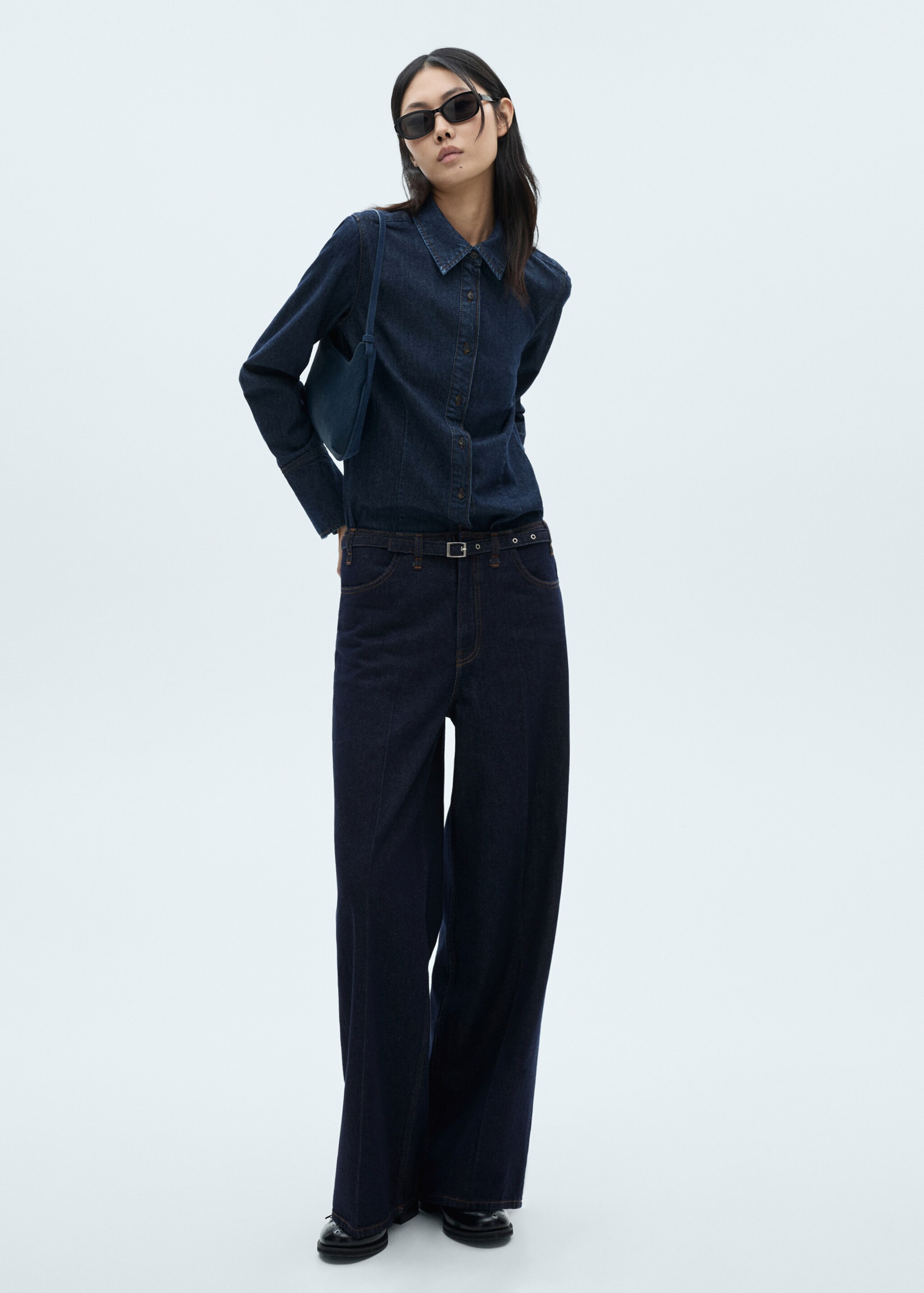 Rinse-wash wide leg jeans with belt - General plane, Open Blue. Ref: 87013282-00.